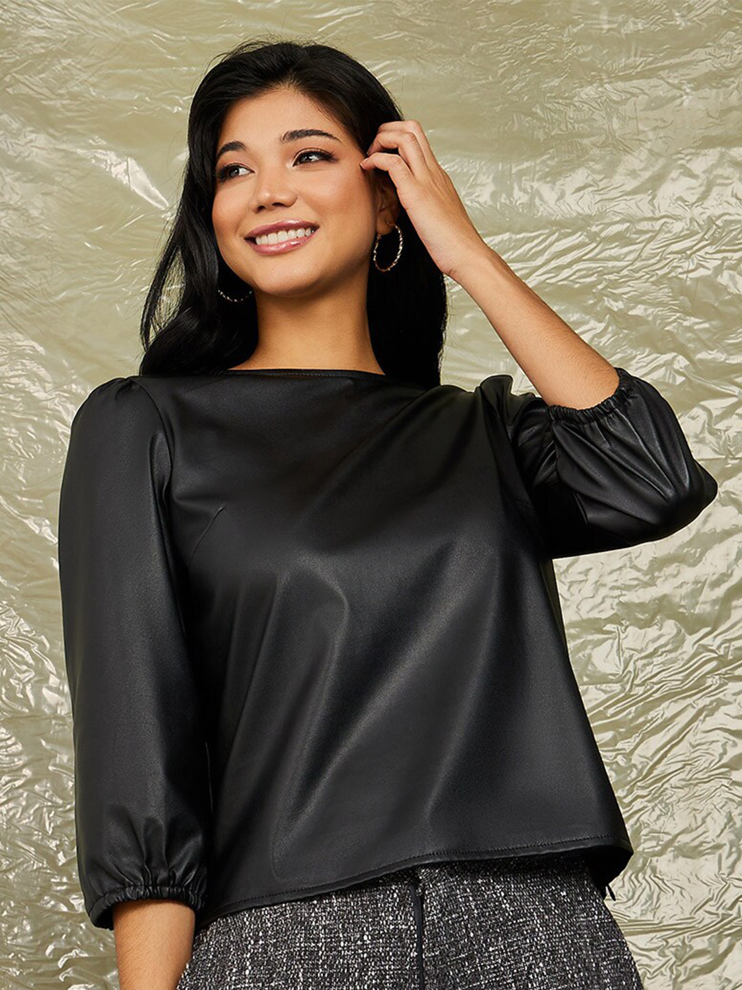 

Styli Faux Leather Three-Fourth Sleeves Round Neck Regular Fit Top, Black