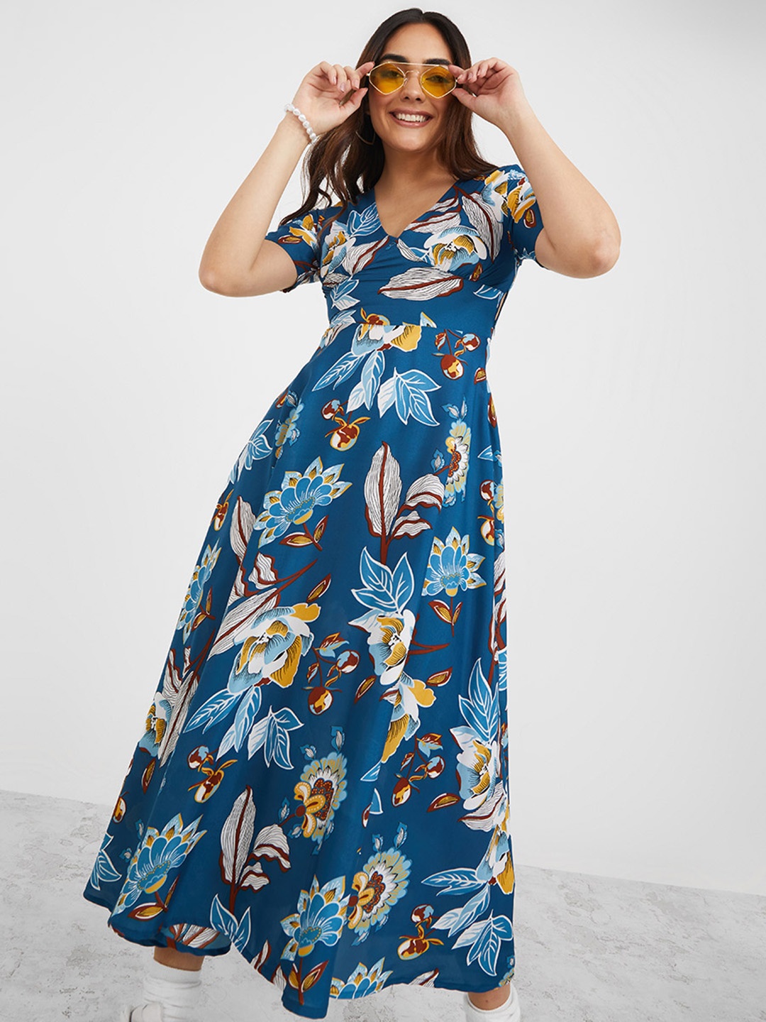 

Styli Navy Blue Floral Printed Fit & Flare Midi Dress