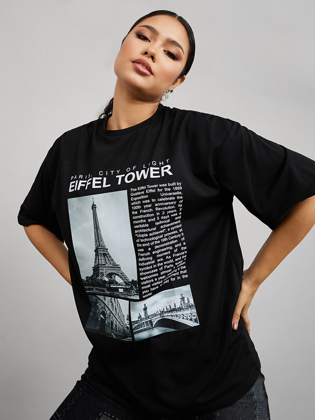 

Styli Drop Shoulder Eiffel Tower Graphic Print Oversized T-shirt, Black