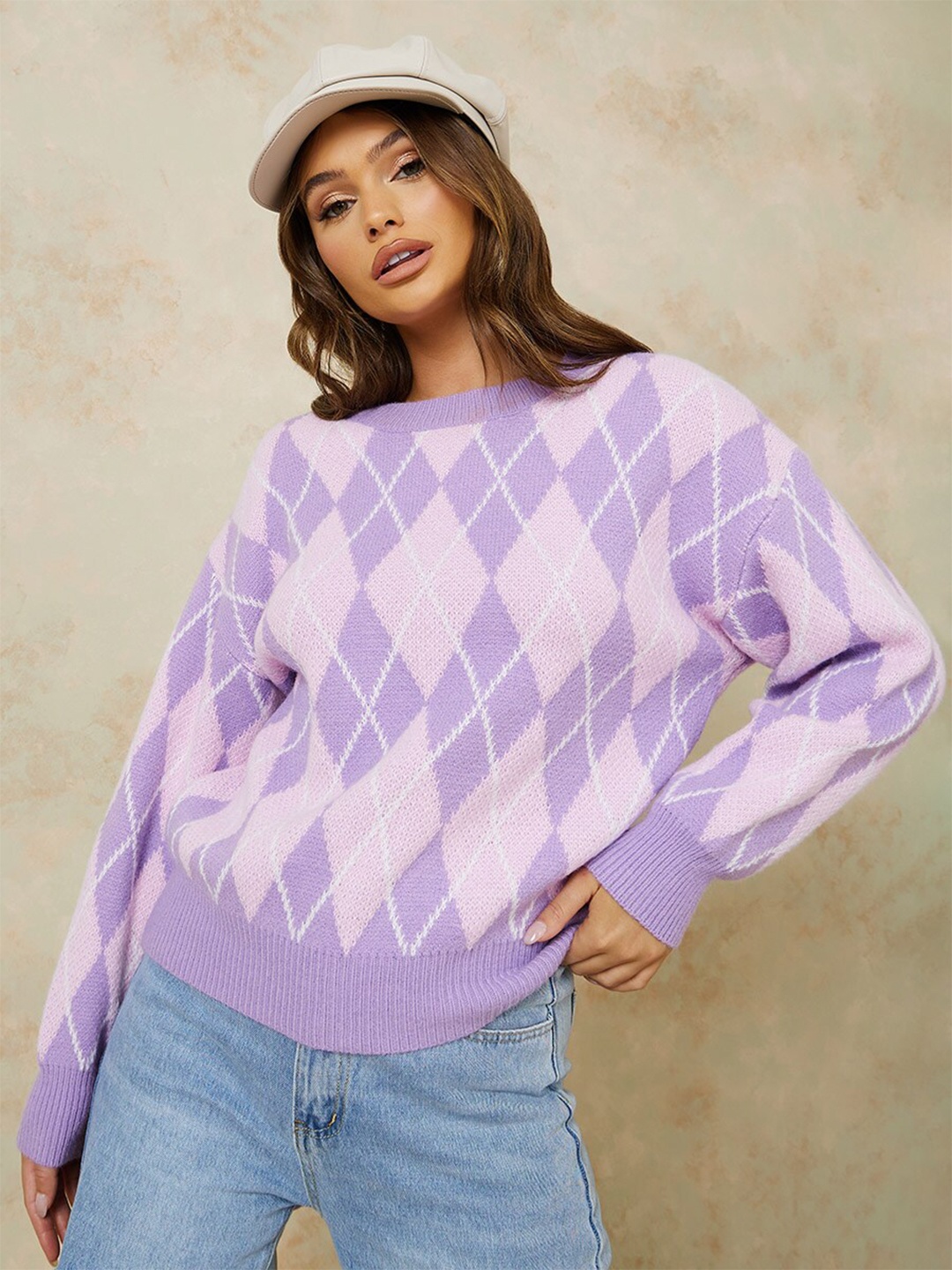 

Styli Argyle Pattern Regular Fit Regular Length Sweater, Purple