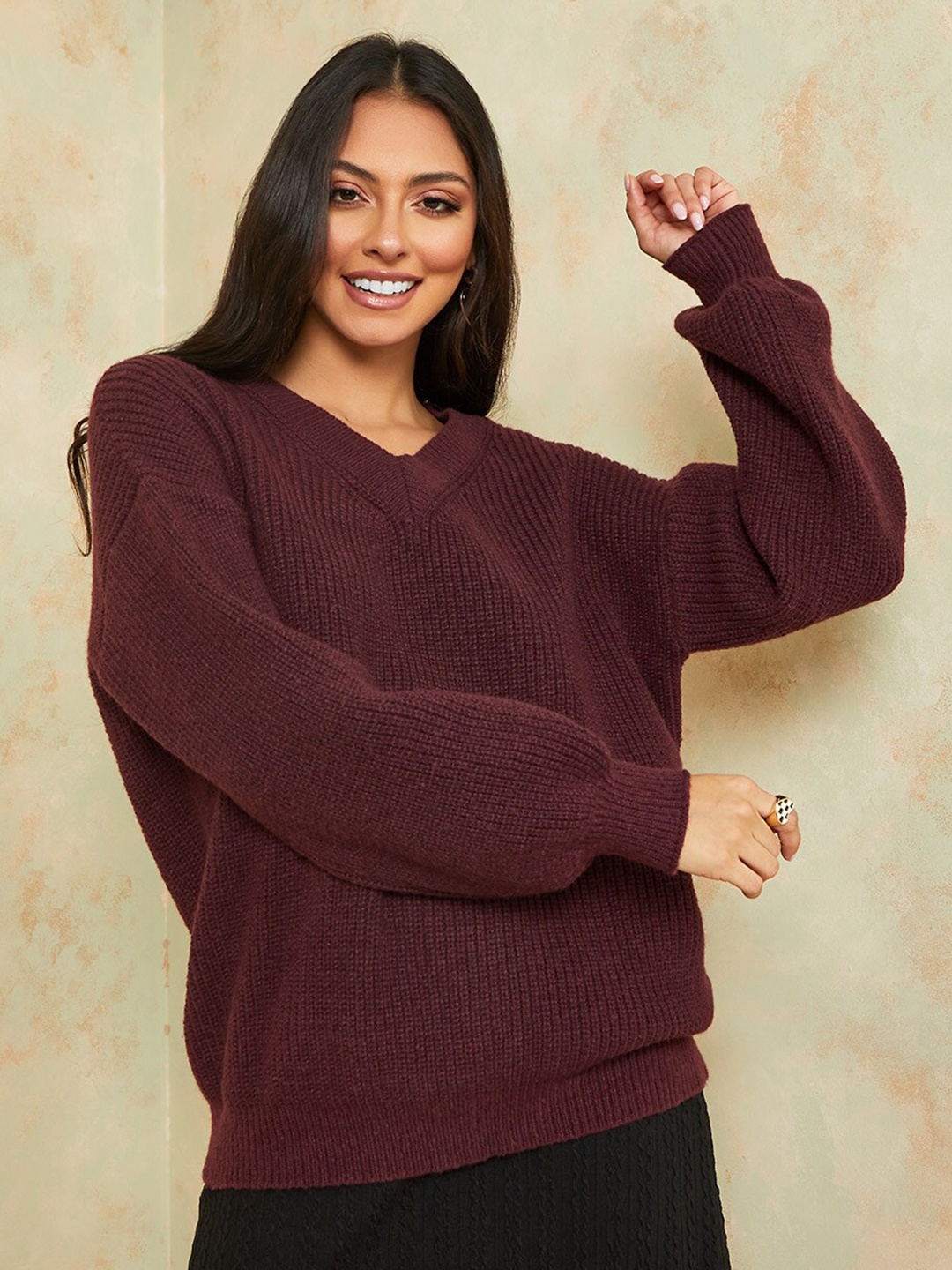 

Styli Women Purple Oversized V Neck Knitted Regular Length Sweater