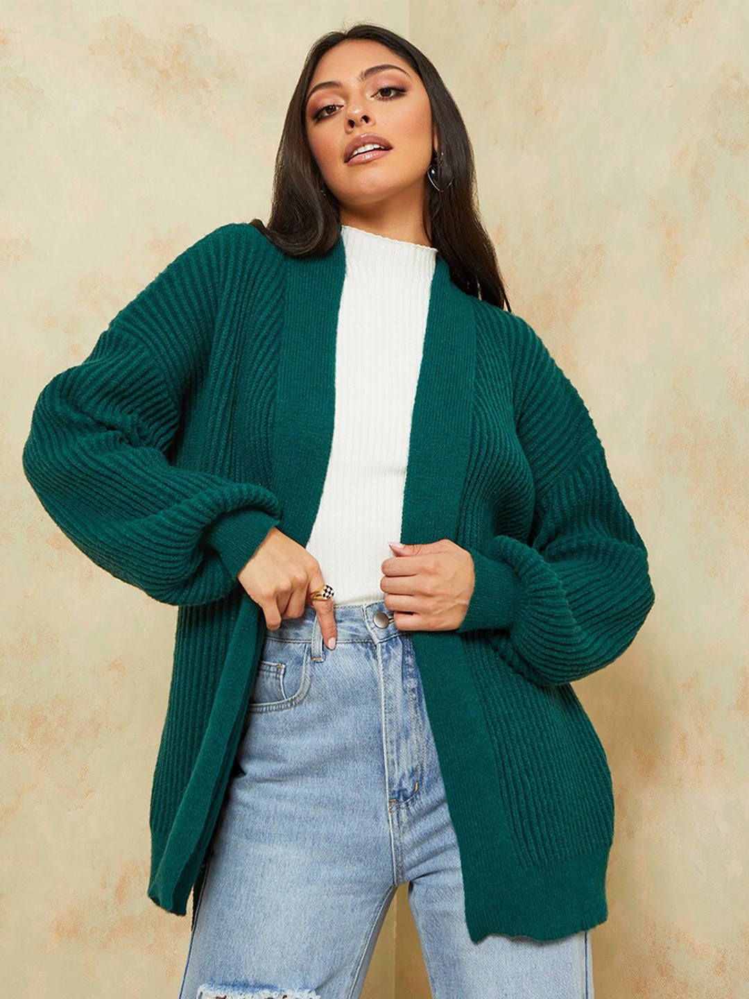 

Styli Women Rib Knitted Regular Fit Longline Belted Cardigan, Green