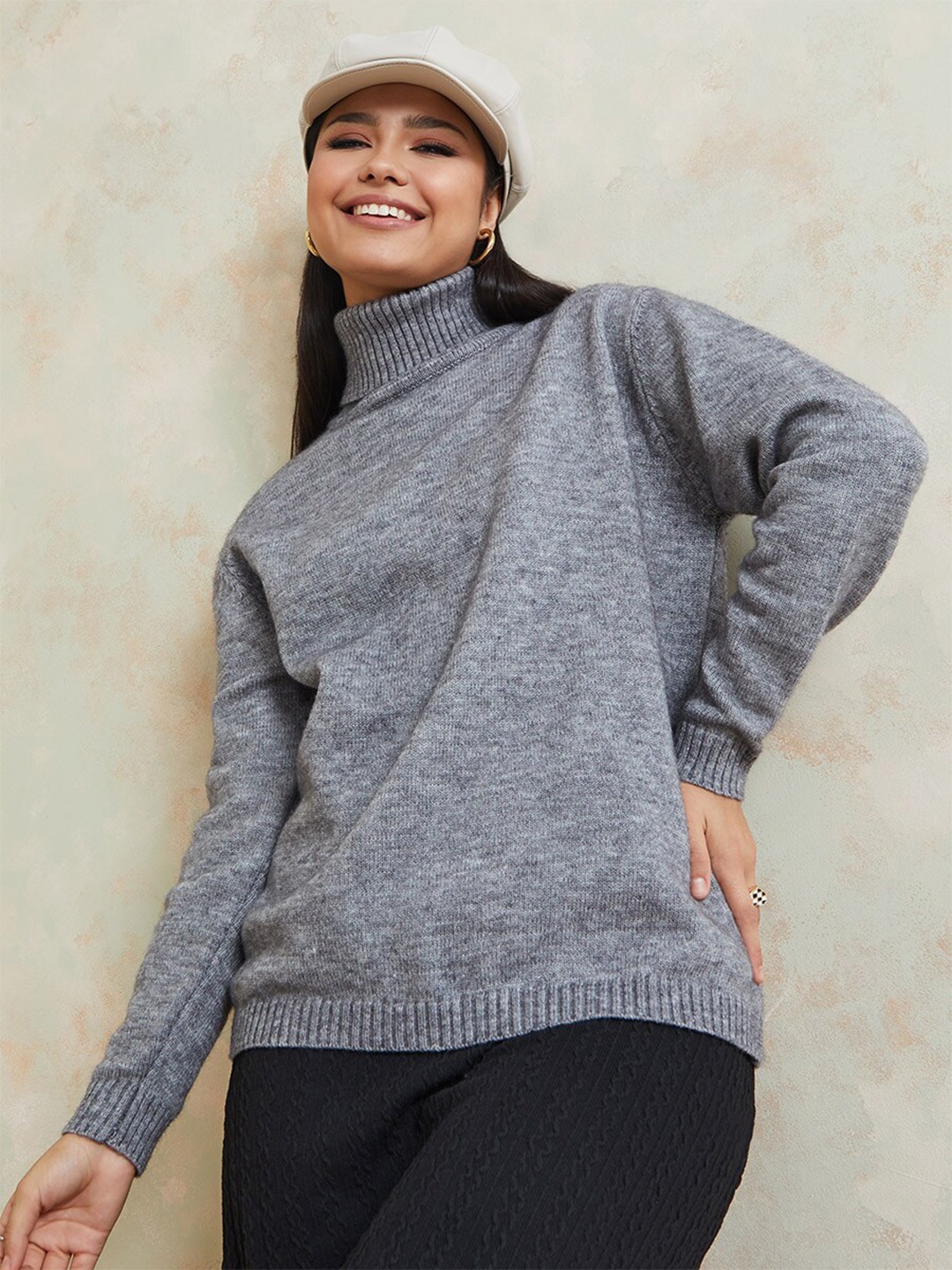 

Styli Women Turtle Neck Boxy Fit Sweater, Grey