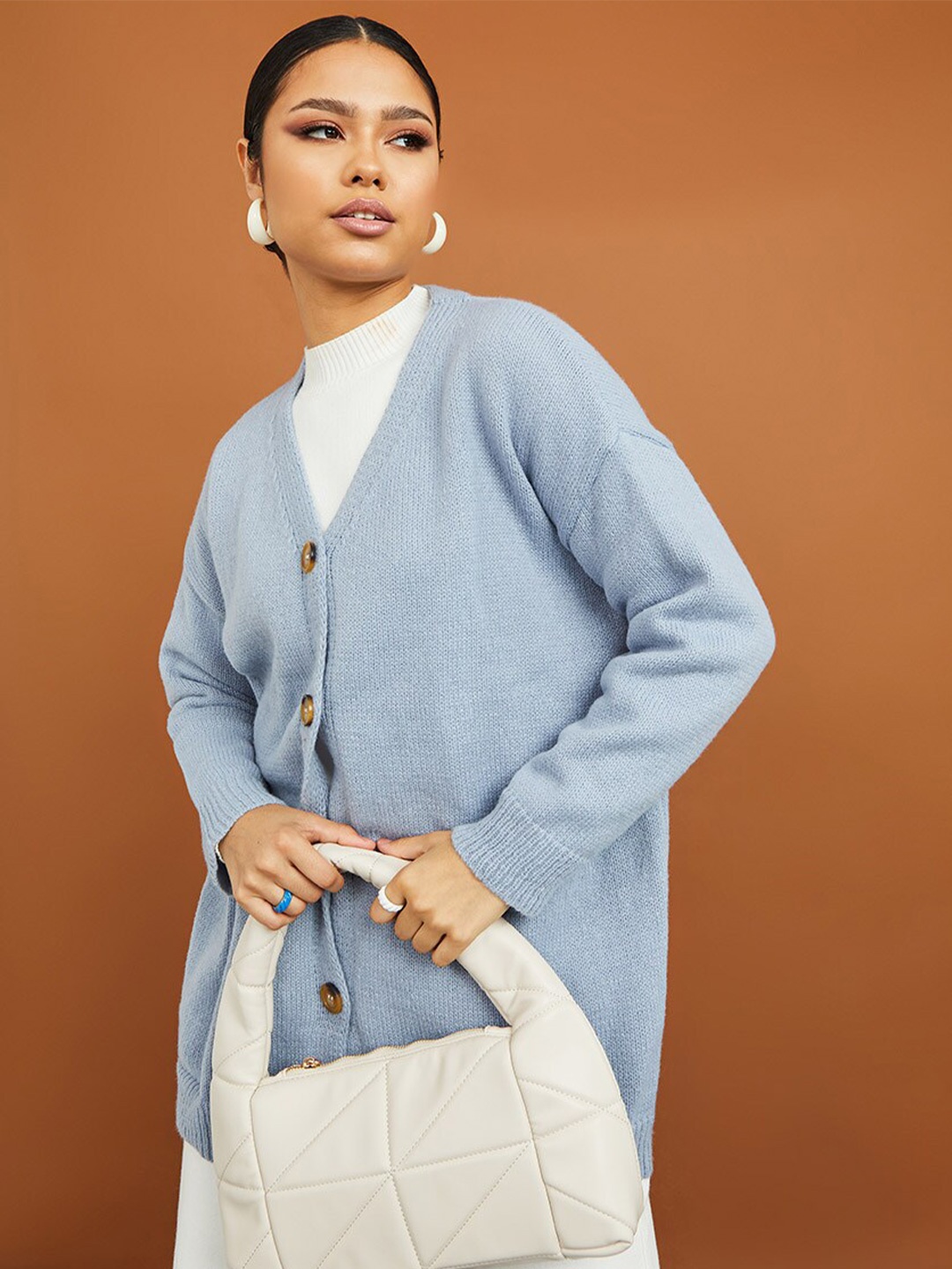 

Styli Longline Button Oversized Cardigan, Blue