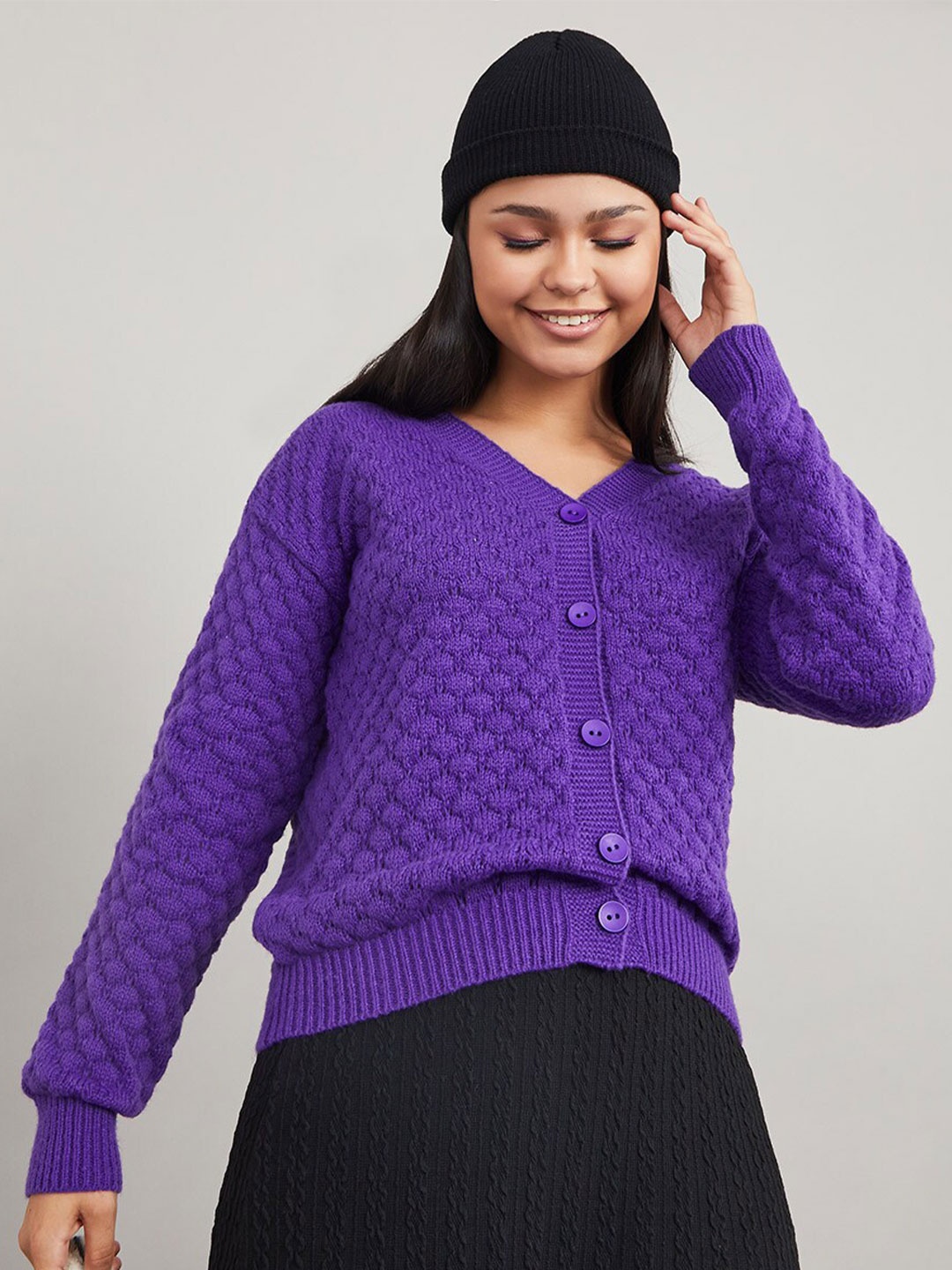 

Styli Regular Length Textured Button Down Cardigan, Purple