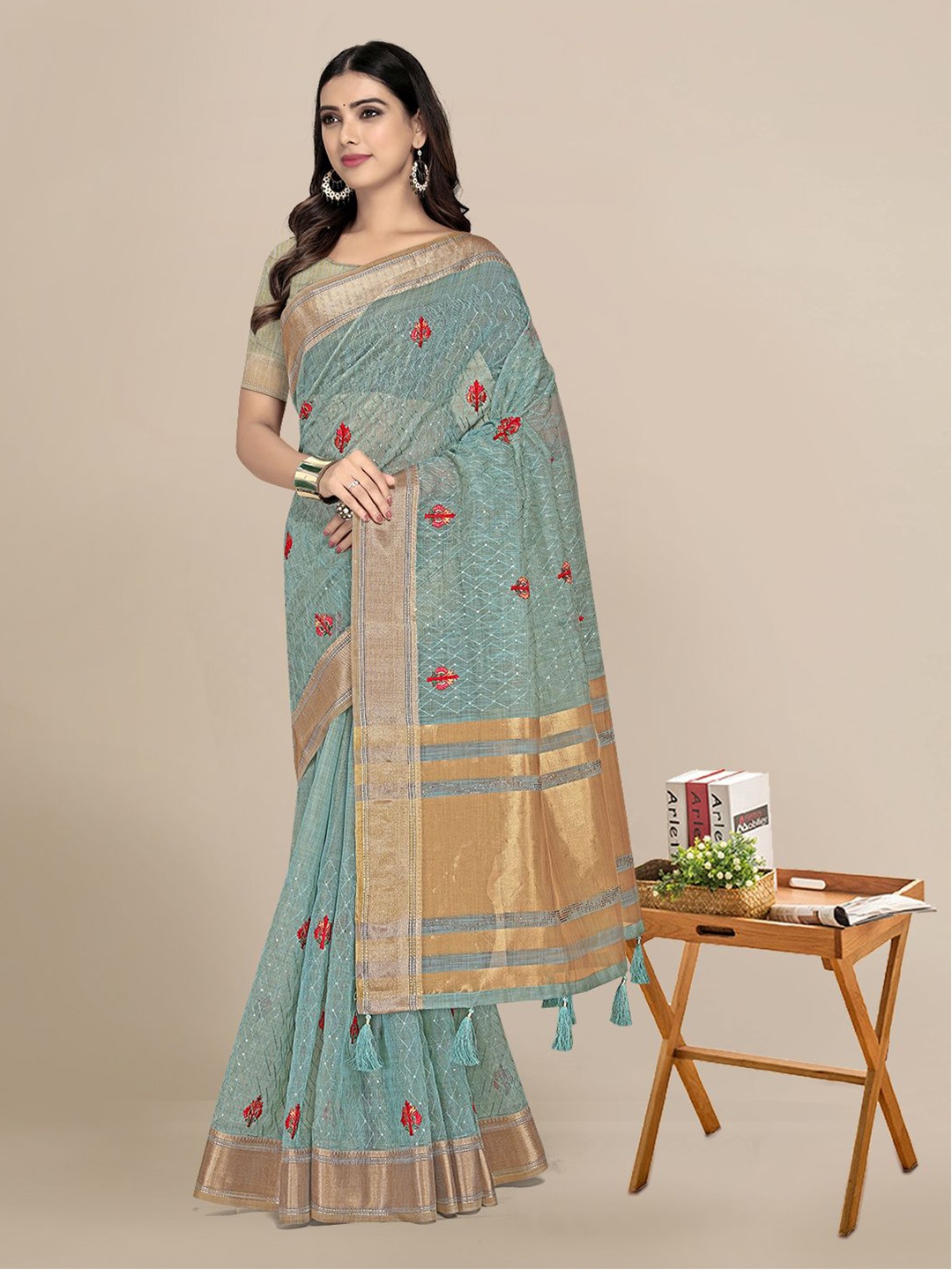 

Mitera Turquoise Blue & Red Floral Zari Silk Blend Saree