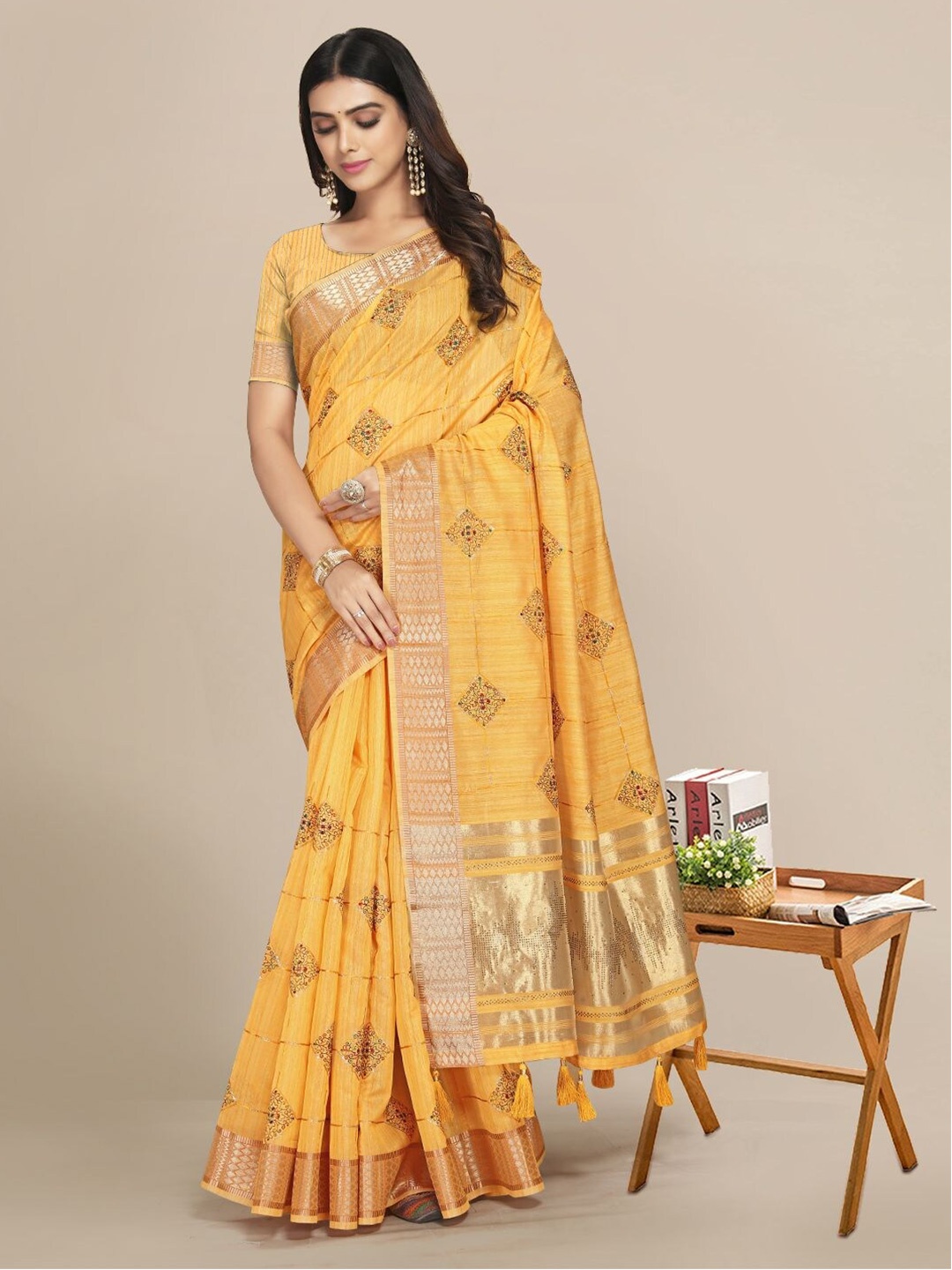 

Mitera Yellow & Gold-Toned Embellished Embroidered Silk Blend Saree