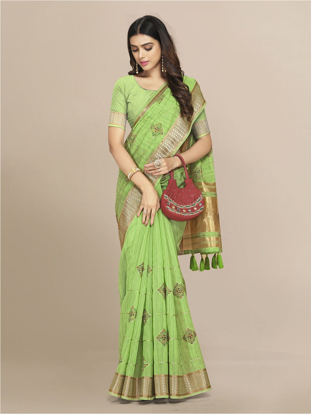 

Mitera Green & Green Embellished Silk Blend Saree