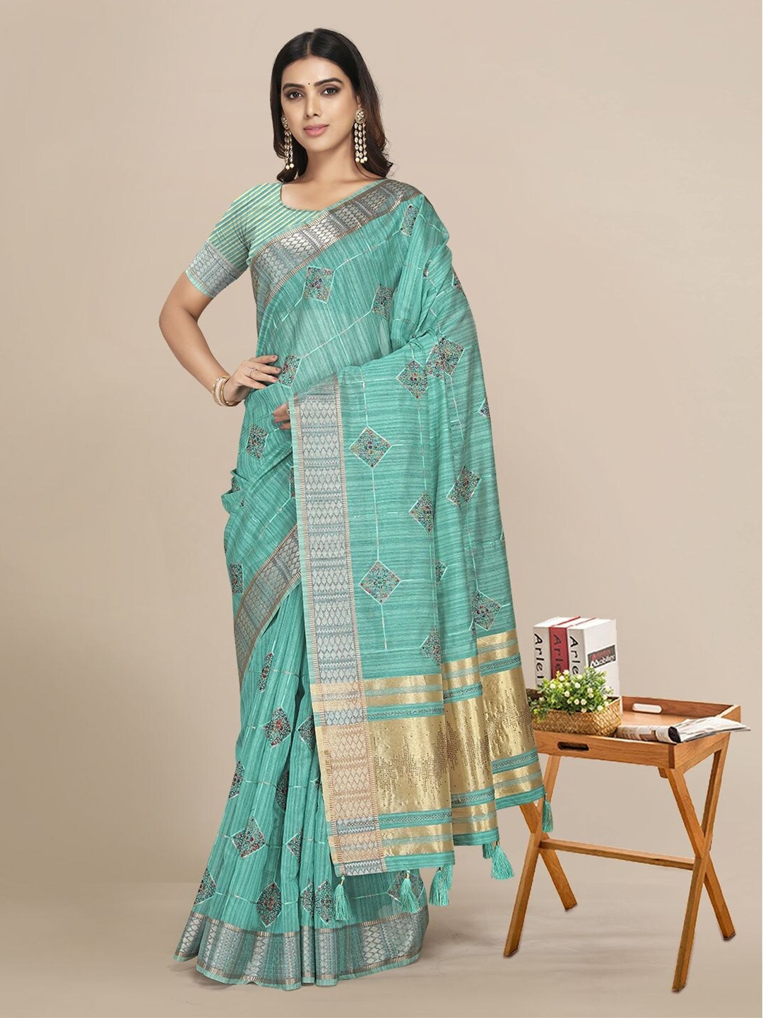 

Mitera Turquoise Blue & Gold-Toned Embellished Embroidered Silk Blend Saree