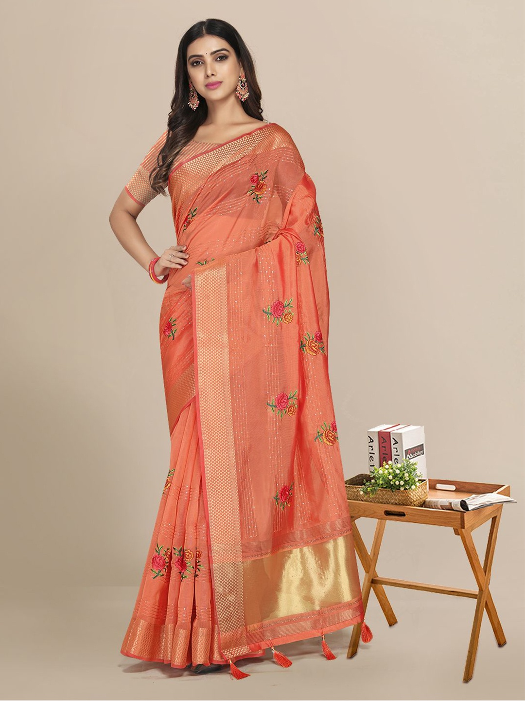 

Mitera Orange Floral Zari Organza Saree