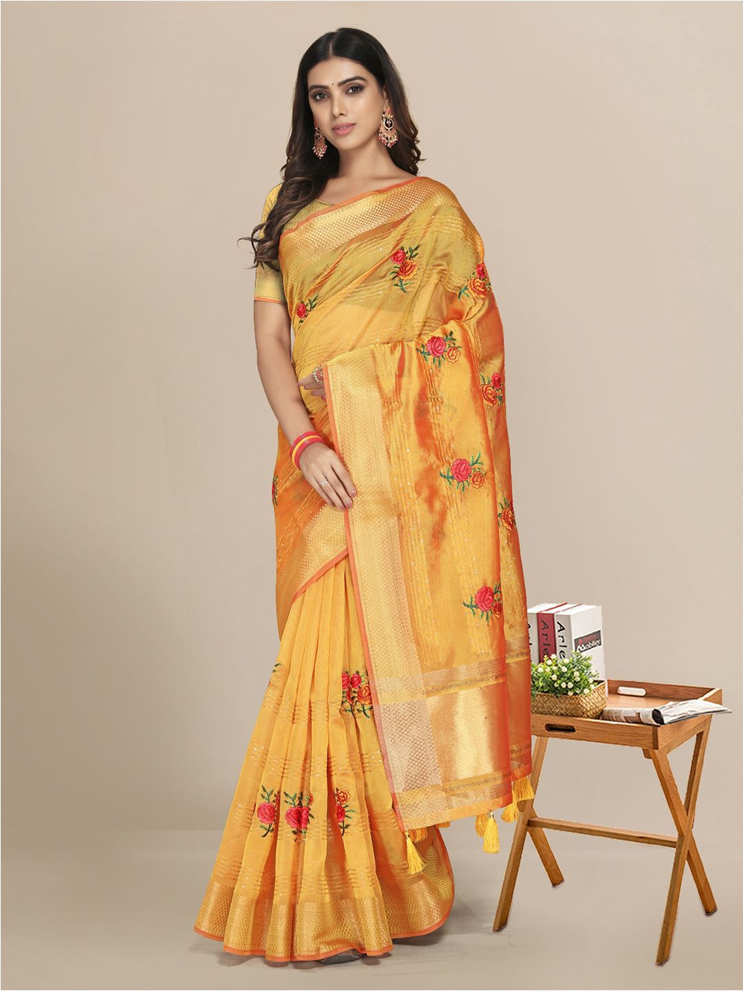 

Mitera Yellow & Gold-Toned Floral Zari Organza Saree