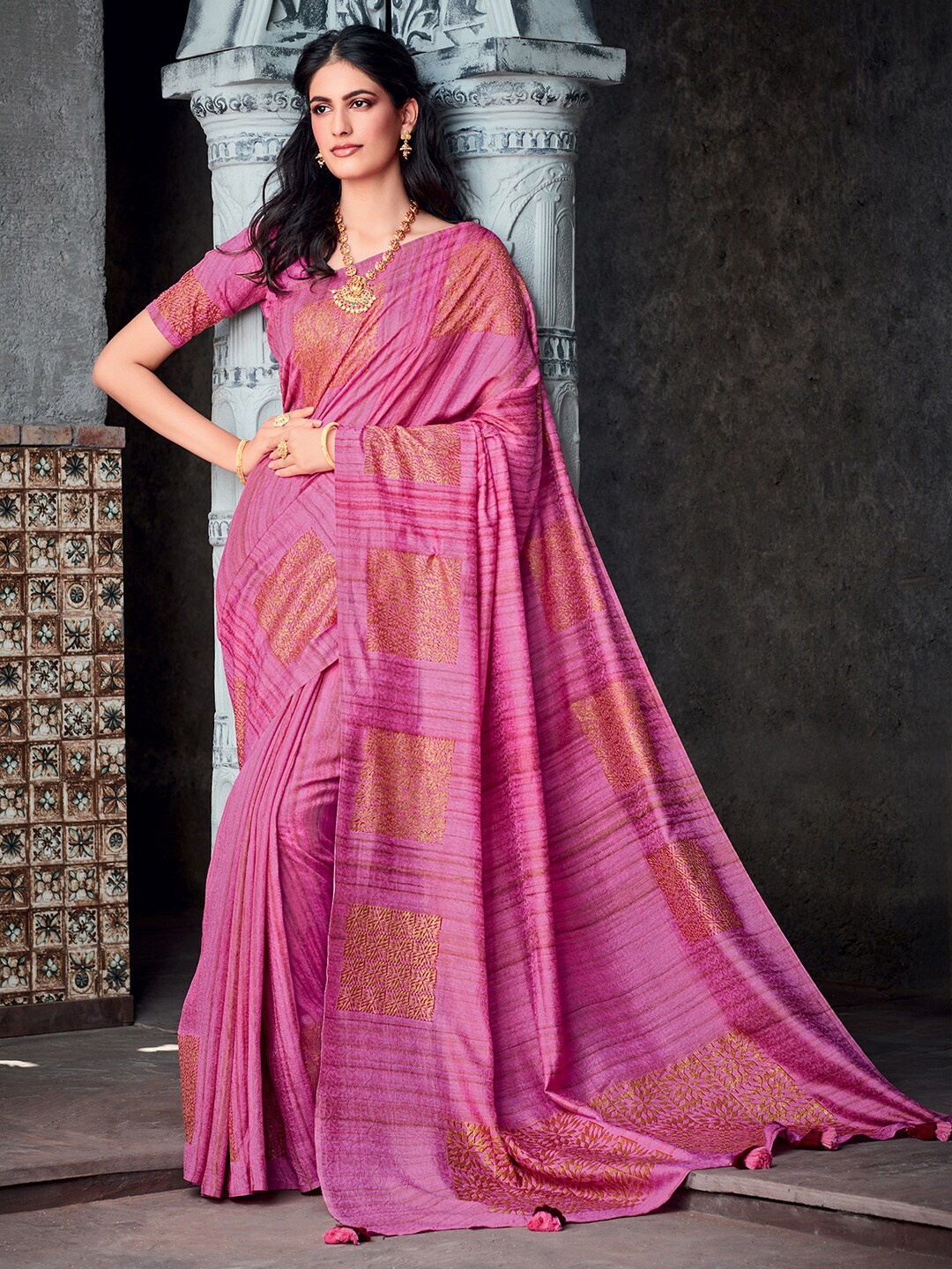

Mitera Pink & Brown Ethnic Motifs Silk Blend Bagh Saree