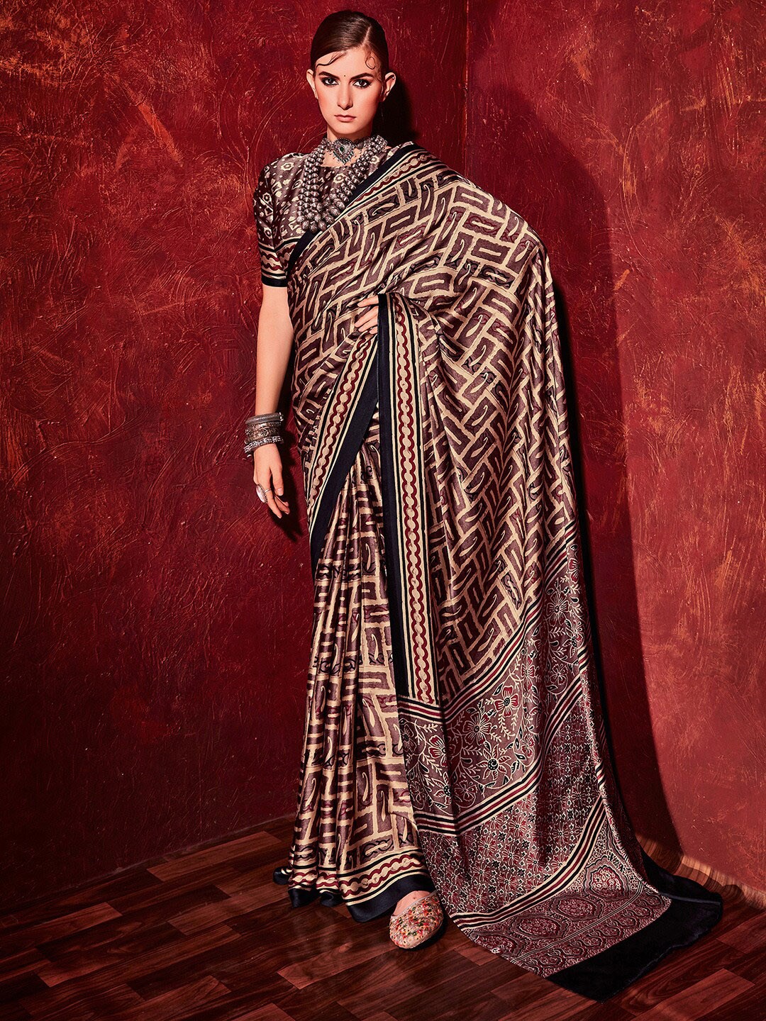 

Mitera Coffee Brown & Maroon Satin Block Print Saree
