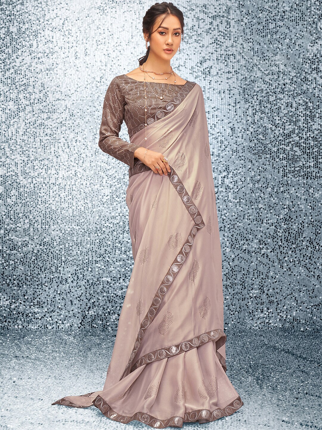 

Mitera Mauve & Brown Beads and Stones Satin Bagh Saree