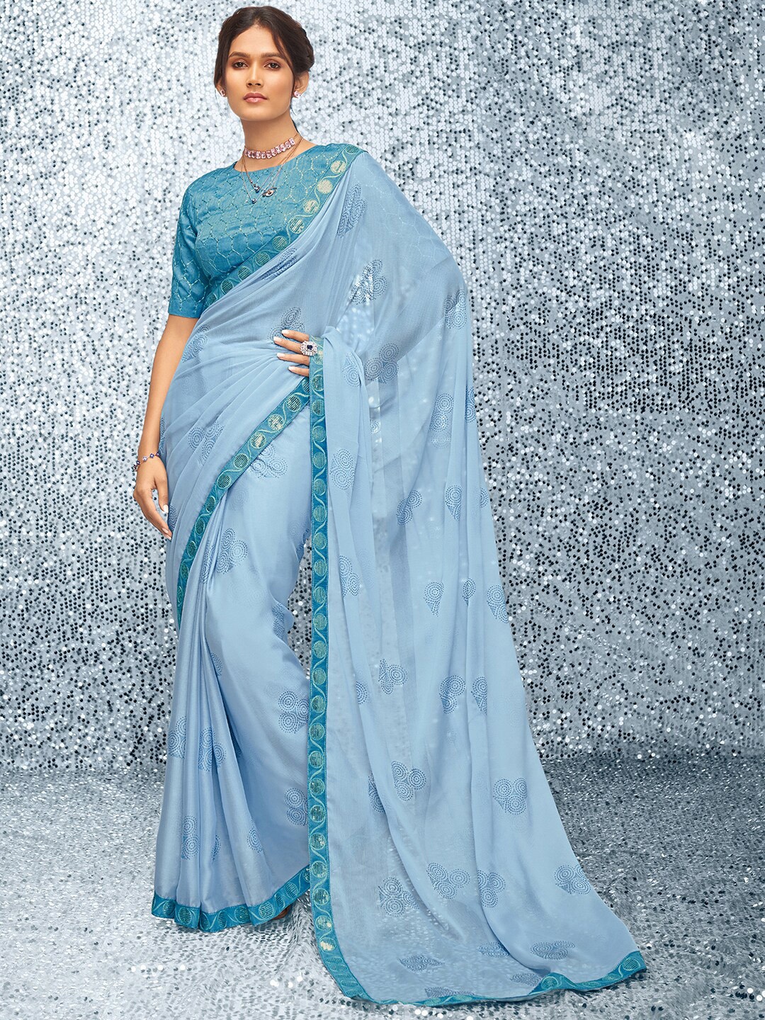 

Mitera Turquoise Blue Floral Satin Bagh Saree