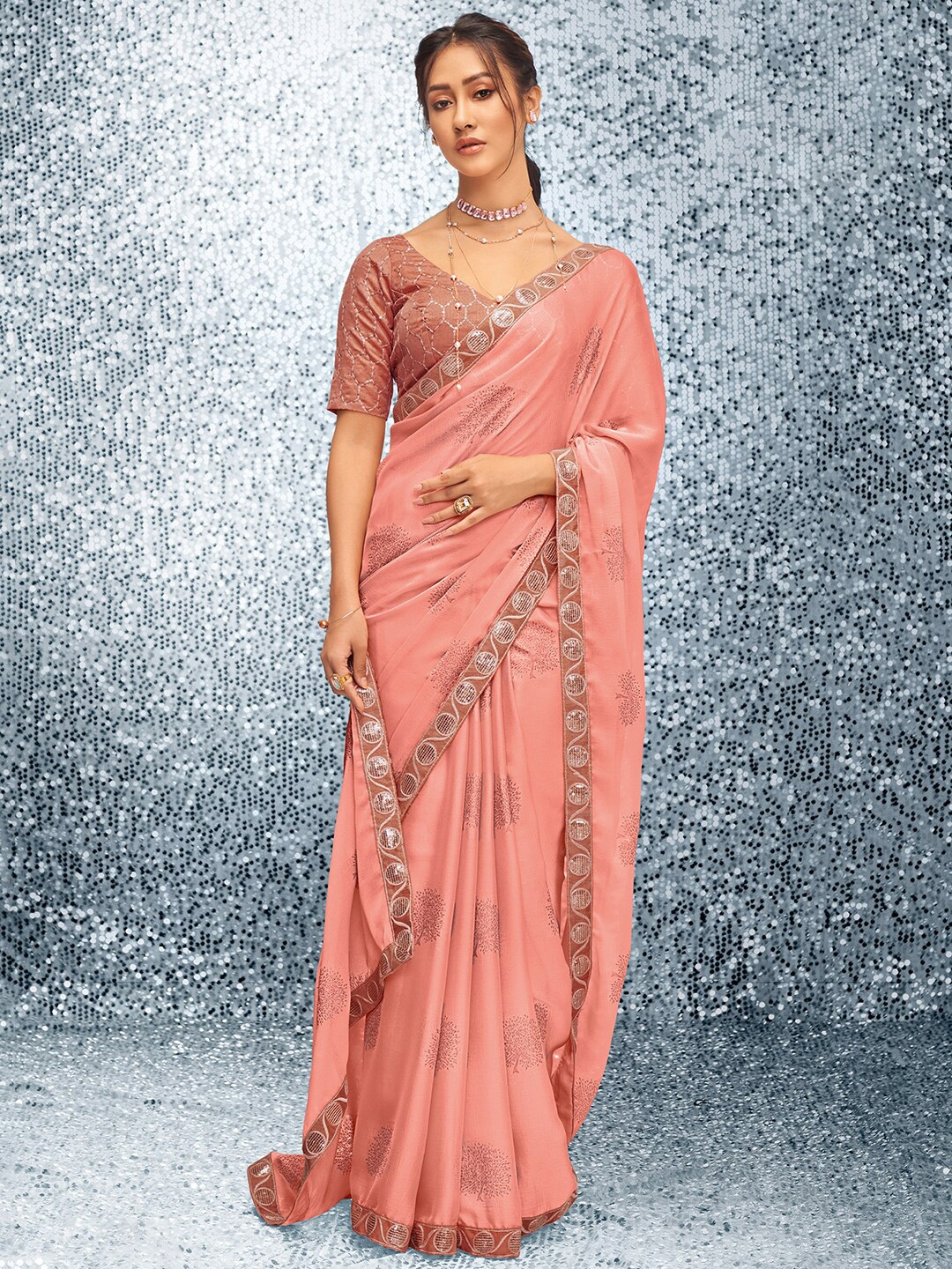

Mitera Pink & Silver-Toned Embroidered Satin Bagh Saree