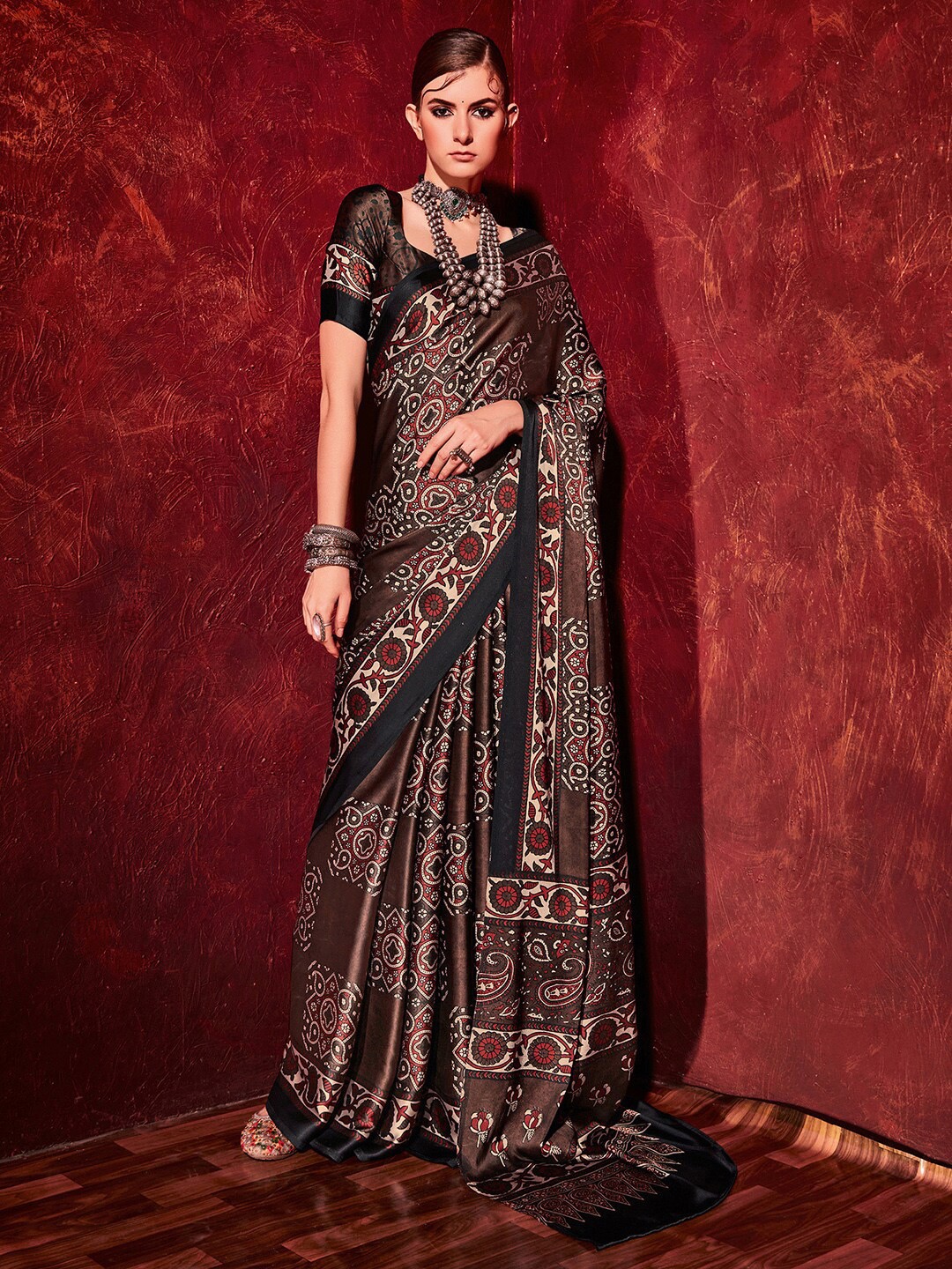 

Mitera Brown & Red Floral Satin Block Print Saree