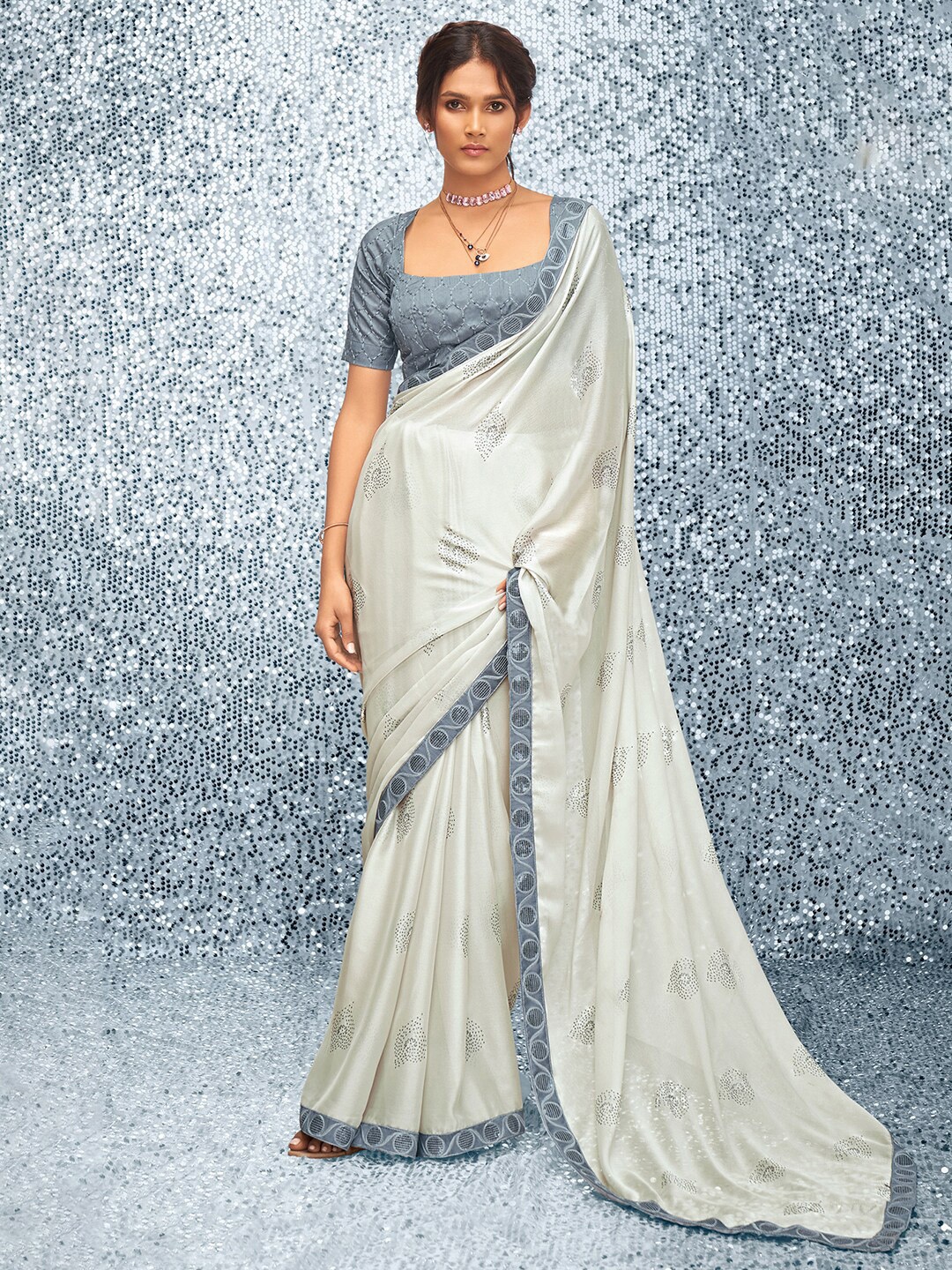 

Mitera Grey & Silver-Toned Floral Sequinned Satin Bagh Saree