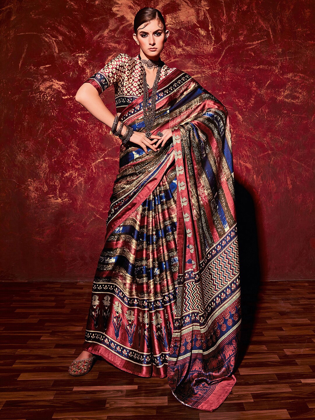 

Mitera Beige & Maroon Striped Satin Leheriya Saree