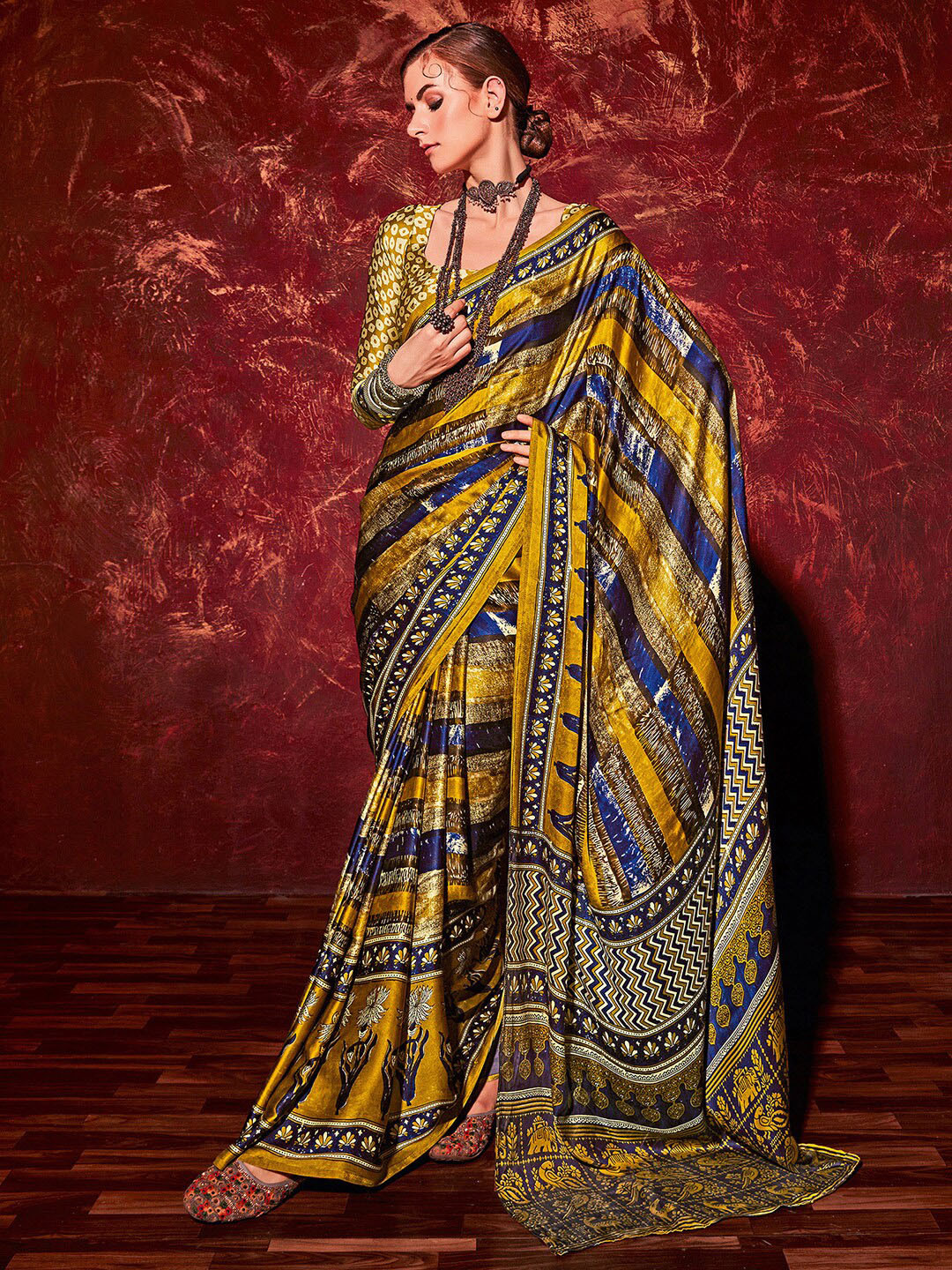 

Mitera Mustard & Blue Striped Satin Block Print Saree