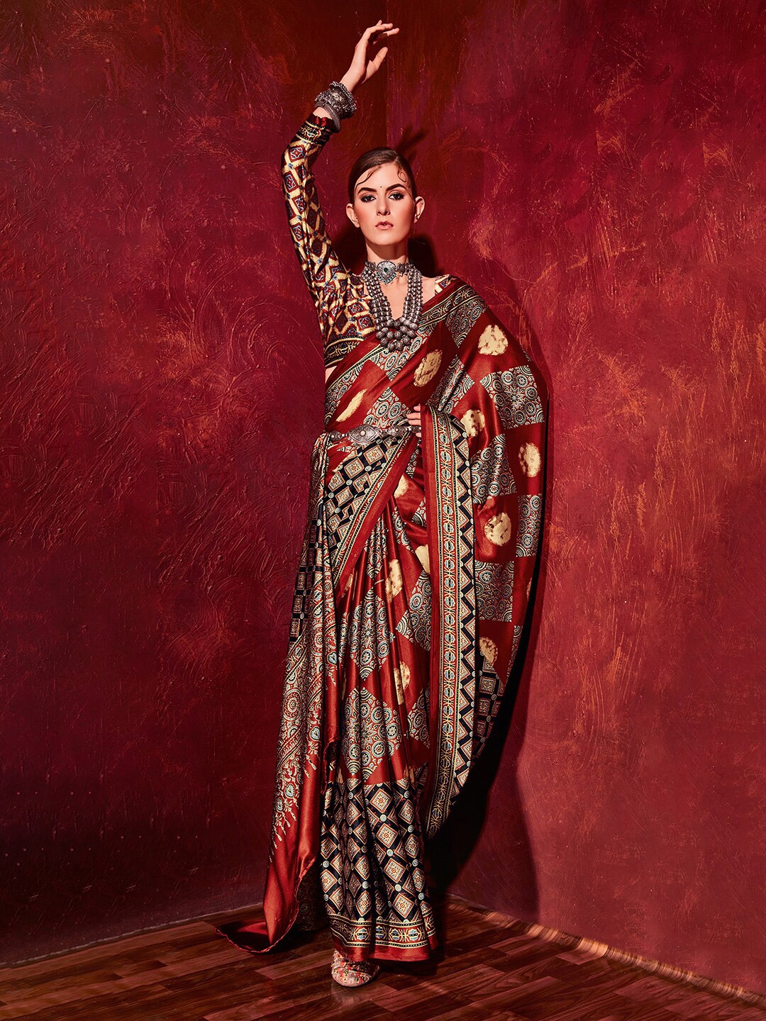 

Mitera Rust & Blue Satin Block Print Saree