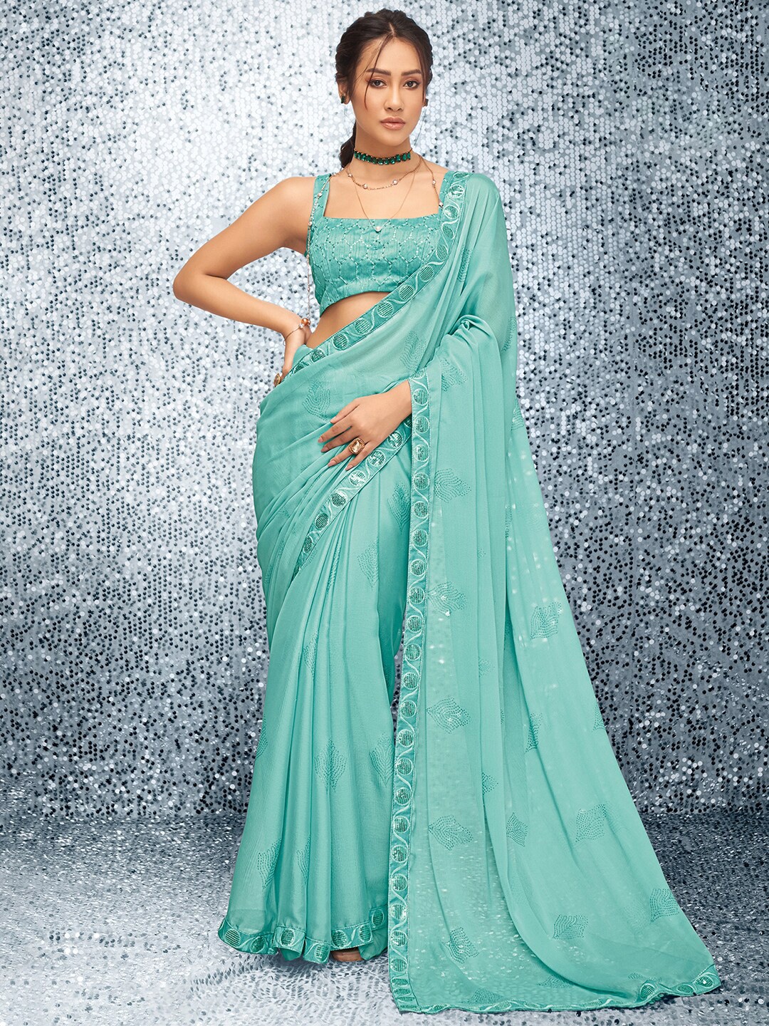 

Mitera Blue & Silver-Toned Floral Satin Bagh Saree