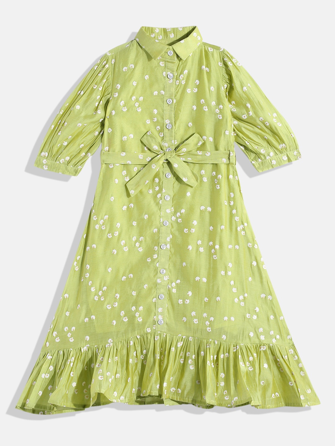 

Ethnovog Girls Green Floral Shirt Midi Dress