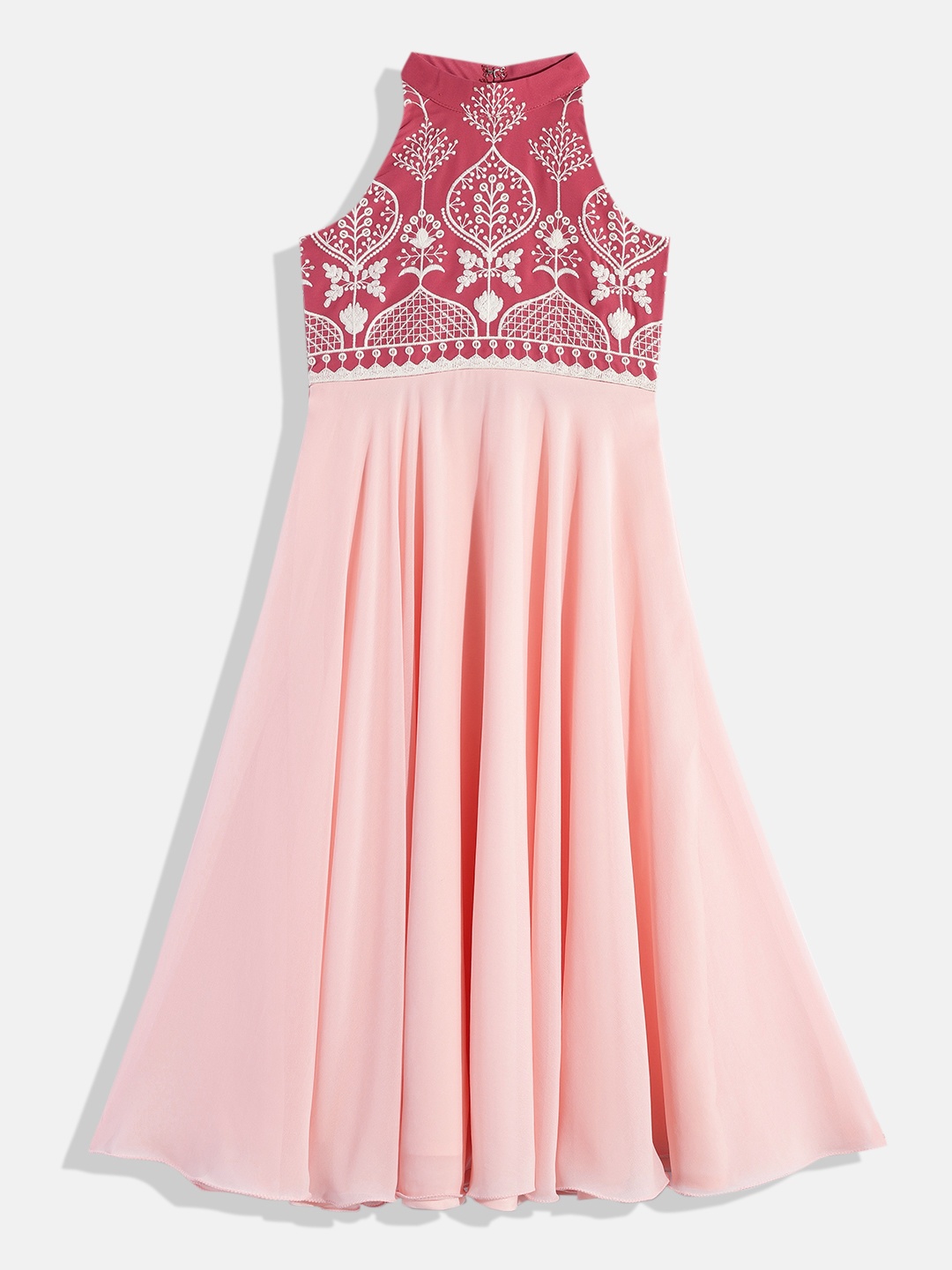 

Ethnovog Girls Peach-Coloured Embroidered Halter Neck Georgette Maxi Dress