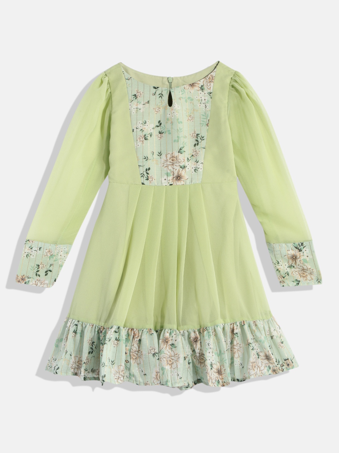 

Ethnovog Girls Green Floral Keyhole Neck Georgette Dress