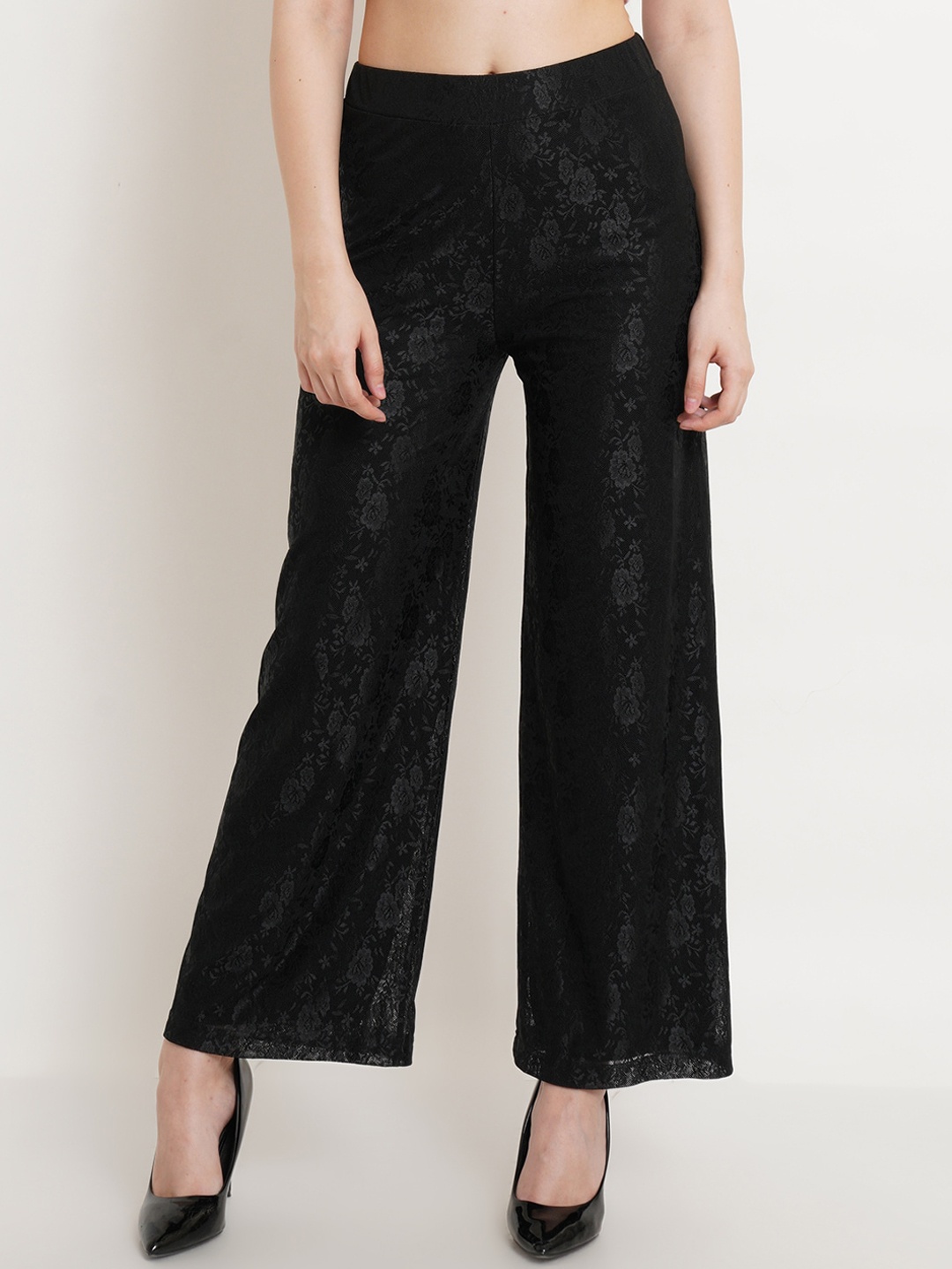

Popwings Women Black Floral Relaxed Straight Leg Flared High-Rise Easy Wash Trousers