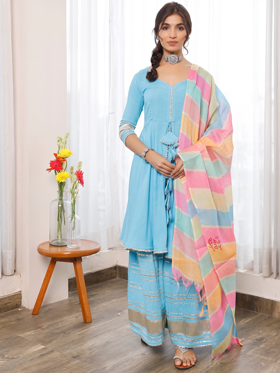 

PHEETA Women Blue Gotta Patti Pure Cotton Kurta with Palazzo & Dupatta