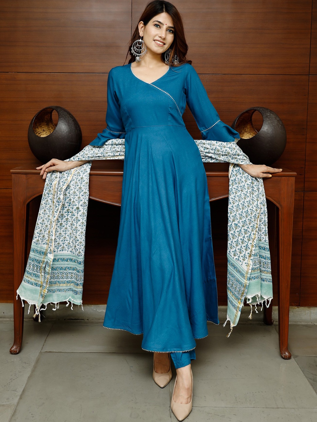 

PHEETA Women Blue Angrakha Kurta with Trousers & With Dupatta