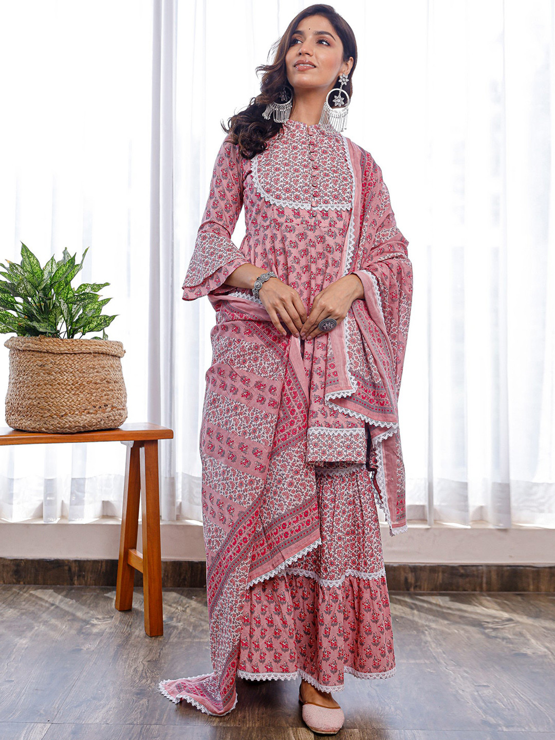 

PHEETA Women Pink Floral Printed Patchwork Pure Cotton Kurta with Sharara & With Dupatta