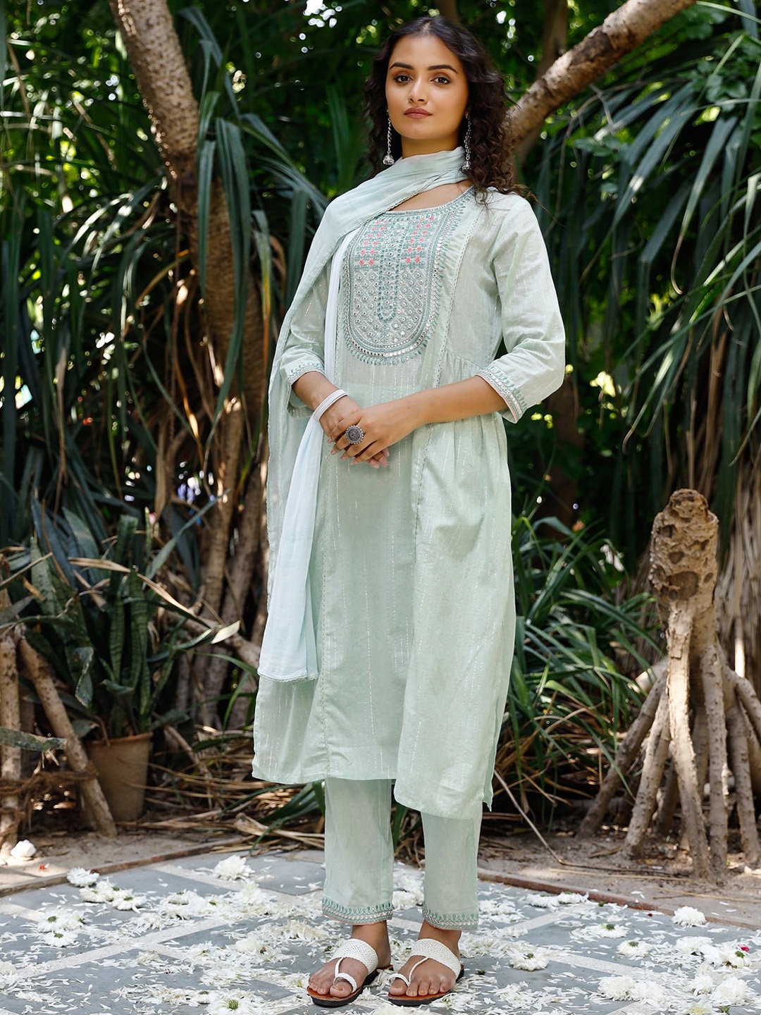 

PHEETA Women Sea Green Embroidered Sequinned Pure Cotton Kurta with Trousers & With Dupatta