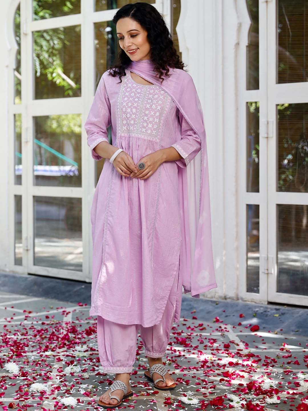 

PHEETA Women Purple Striped Thread Work Pure Cotton Kurta with Trousers & With Dupatta