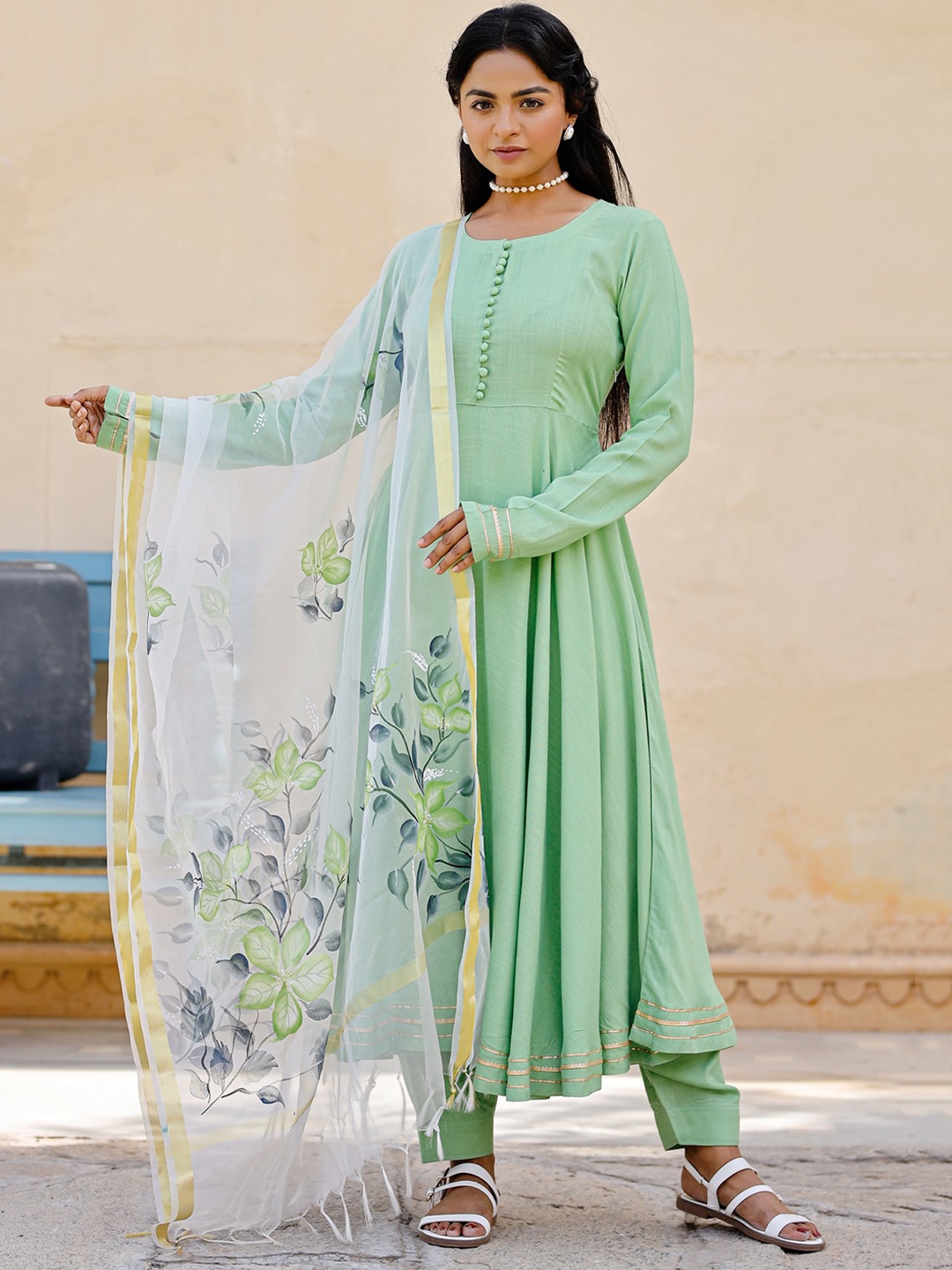 

PHEETA Women Green Organic cotton Kurta with Trousers & With Dupatta