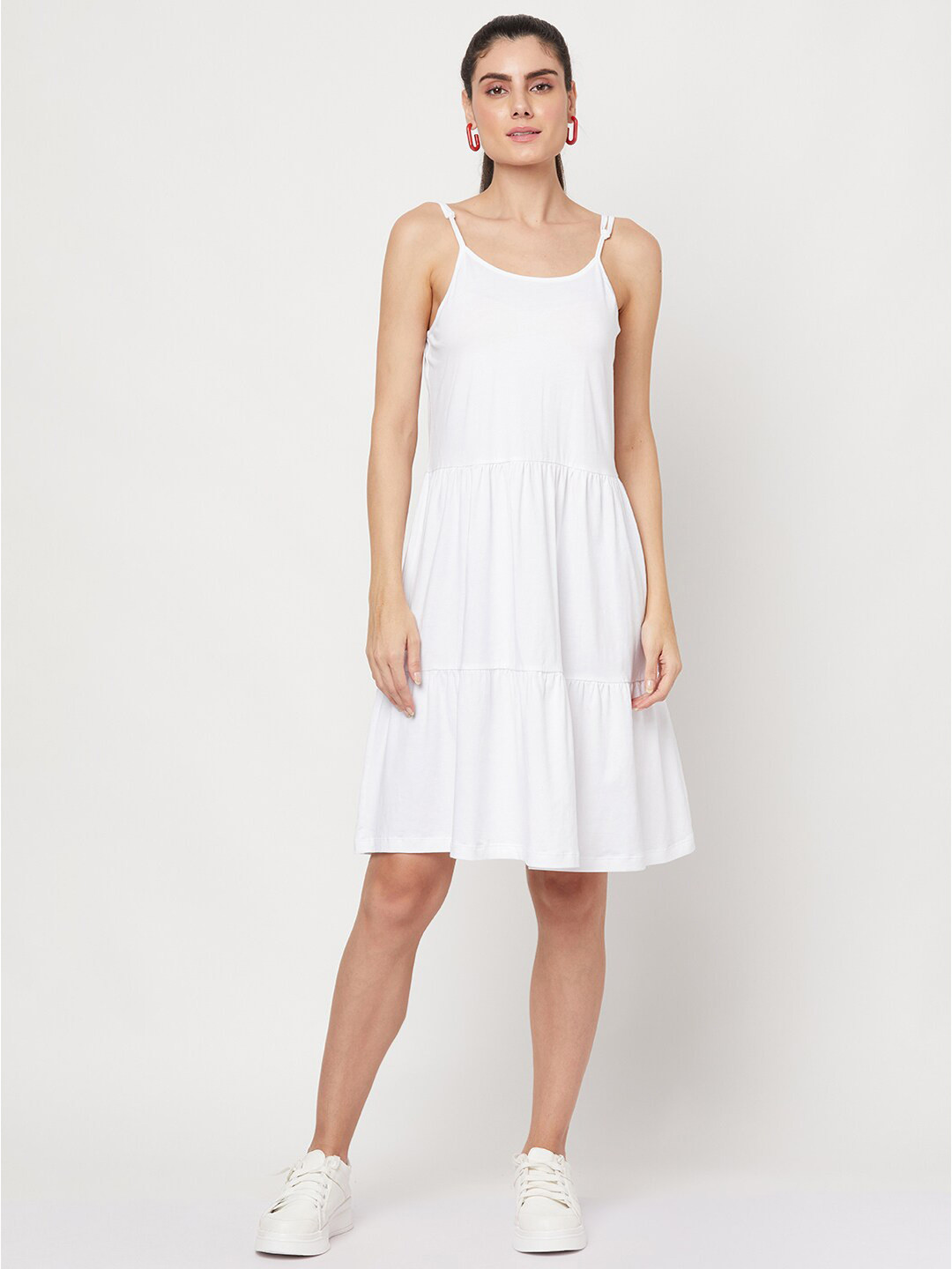 

YOONOY Women White A-Line Tiered Dress with Adjustable Shoulder Straps