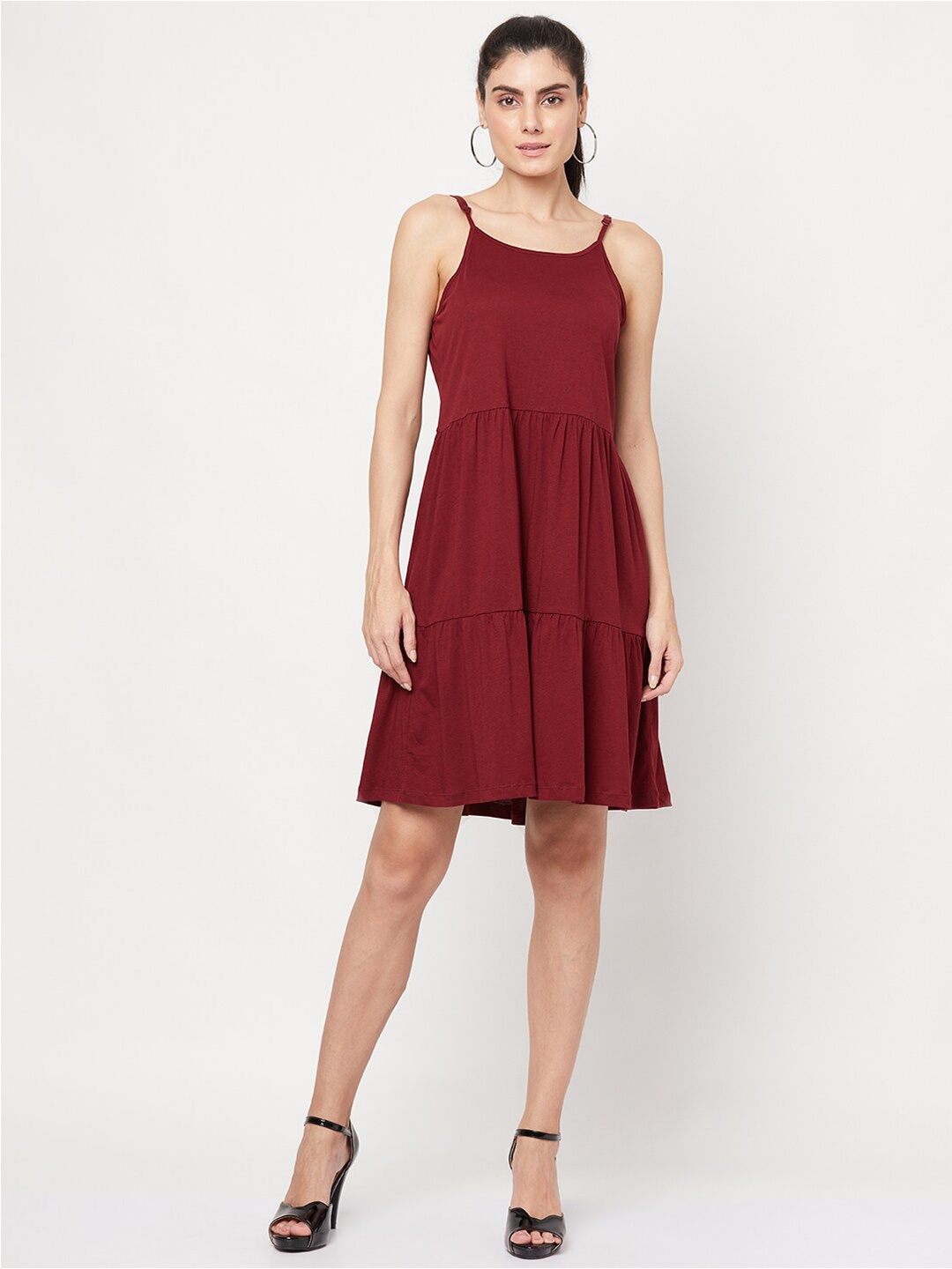 

YOONOY Women Maroon Tiered A-Line Dress with Adjustable Shoulder Straps