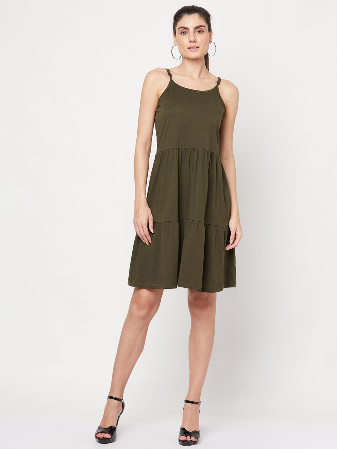 

YOONOY Women Olive Green A-Line Tiered Dress with Adjustable Shoulder Straps