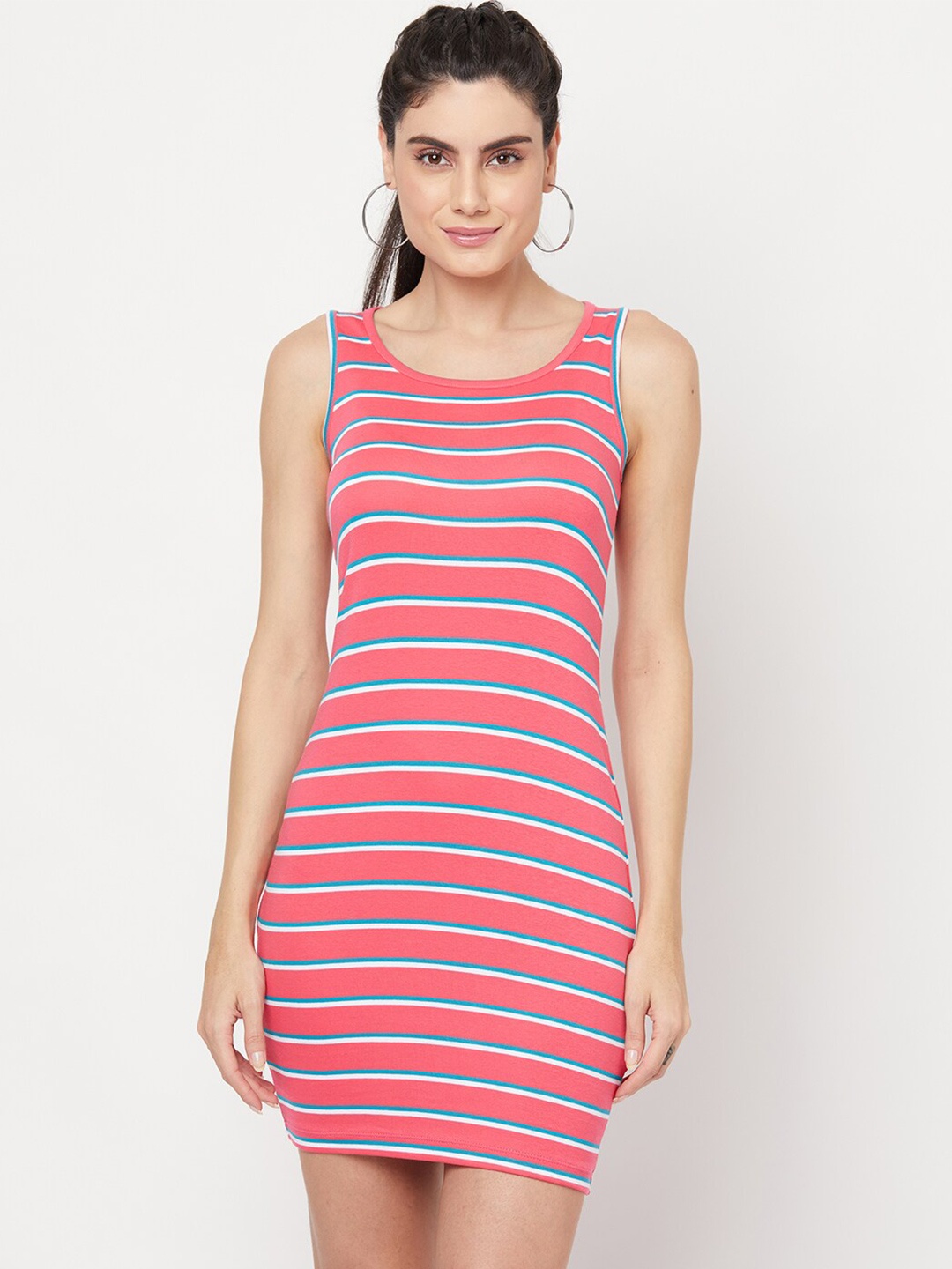 

YOONOY Women Pink Striped Stretchable Bodycon Mini Dress