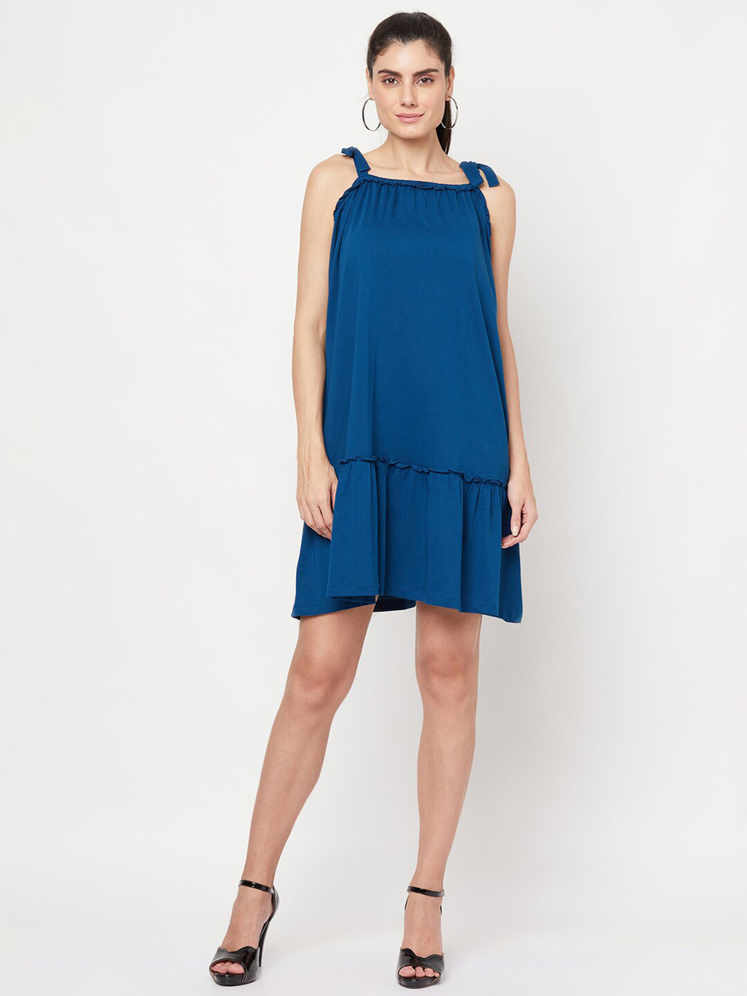 

YOONOY Women Teal A-Line Tiered Dress with Shoulder Tie-up Detail