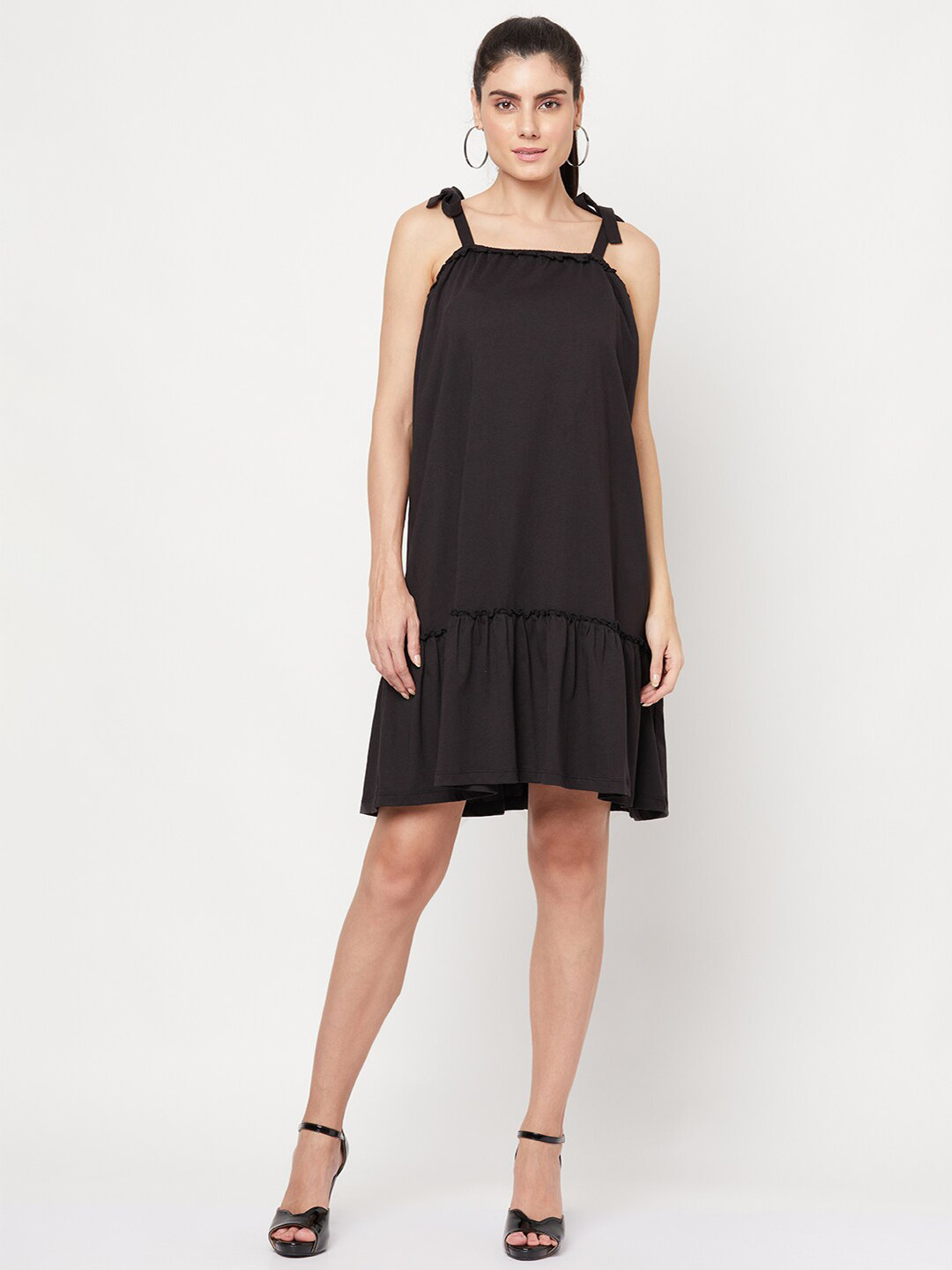 

YOONOY Women Black A-Line Tiered Dress with Shoulder Tie-up Detail
