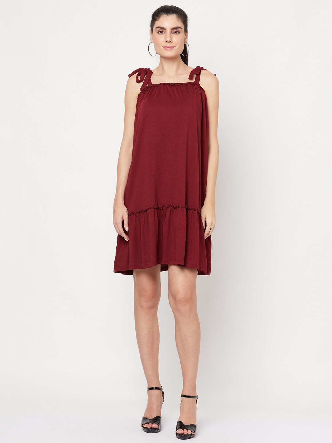 

YOONOY Women Maroon A-Line Tiered Dress with Shoulder Tie-up Detail