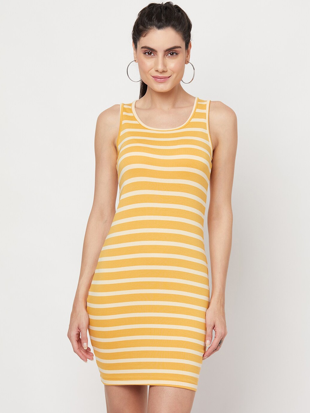 

YOONOY Women Mustard Yellow & White Striped Stretchable Bodycon Dress