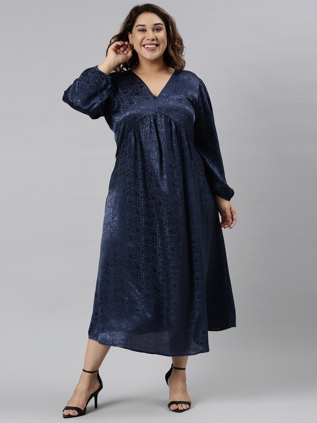 

The Pink Moon Women Plus Size Navy Blue Self Design Empire Dress