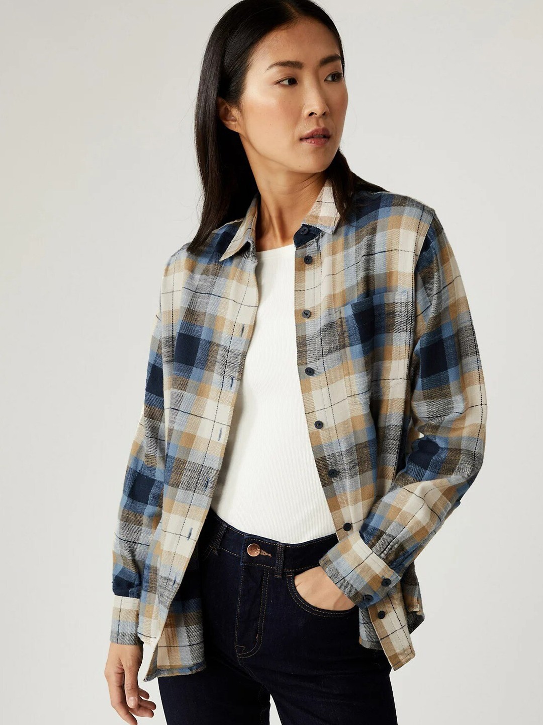 

Marks & Spencer Women Blue Tartan Checks Pure Cotton Casual Shirt
