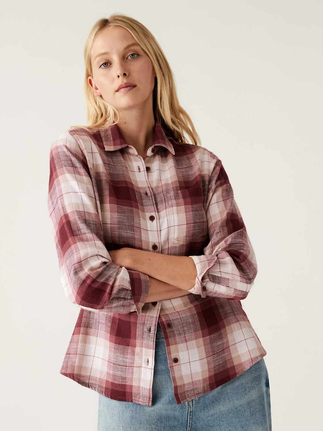 

Marks & Spencer Women Maroon Tartan Checked Pure Cotton Casual Shirt