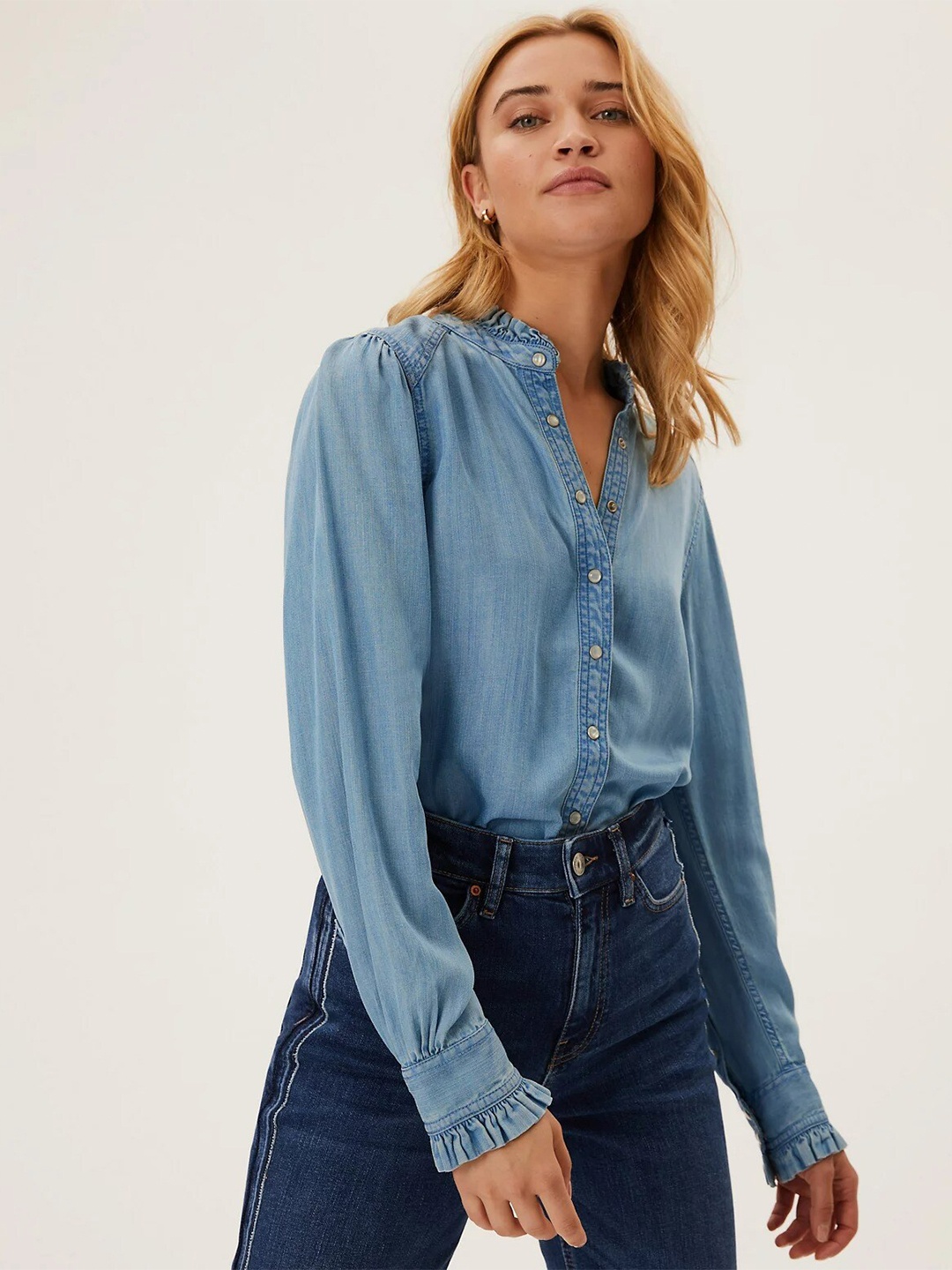 

Marks & Spencer Women Blue Denim Lyocell Casual Shirt