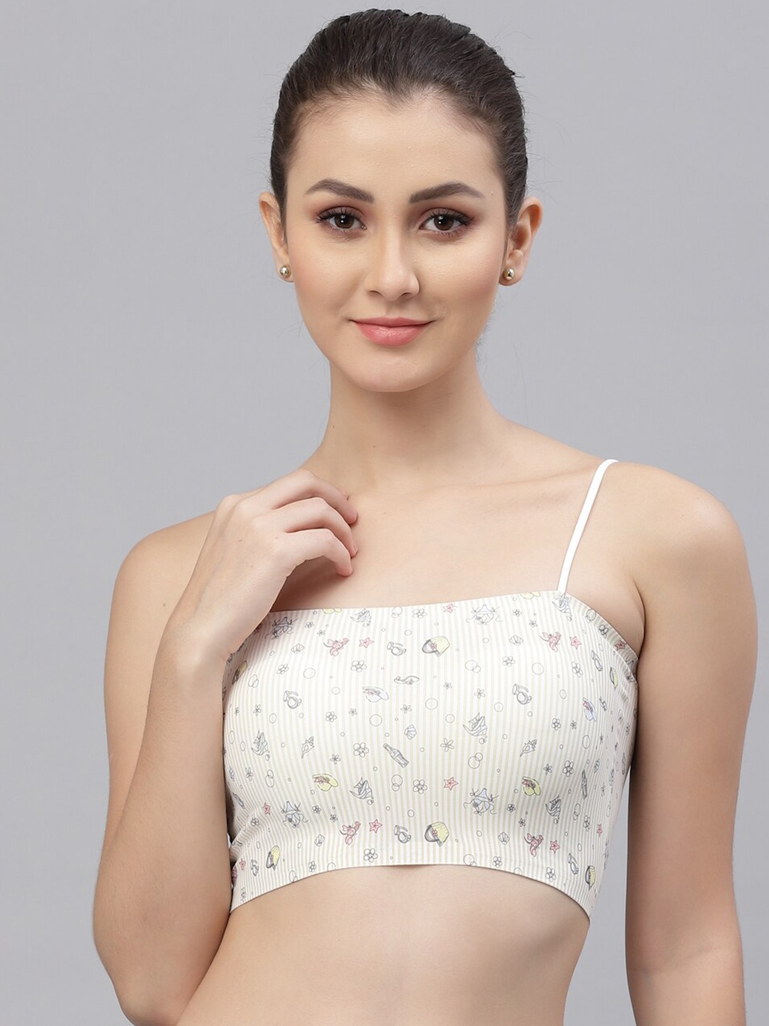 

Friskers Cream-Coloured & Blue Floral Bra Lightly Padded