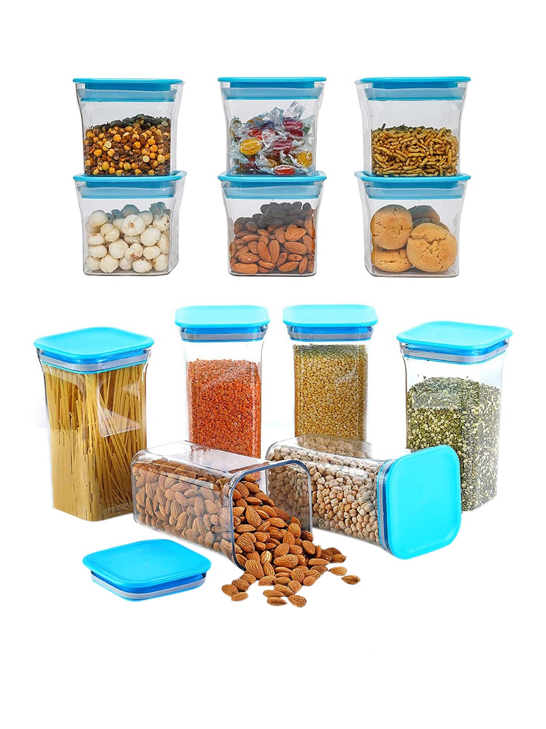 

Pretty Krafts Blue &Transparent Set Of 12 Solid Airtight Containers Kitchen Storage